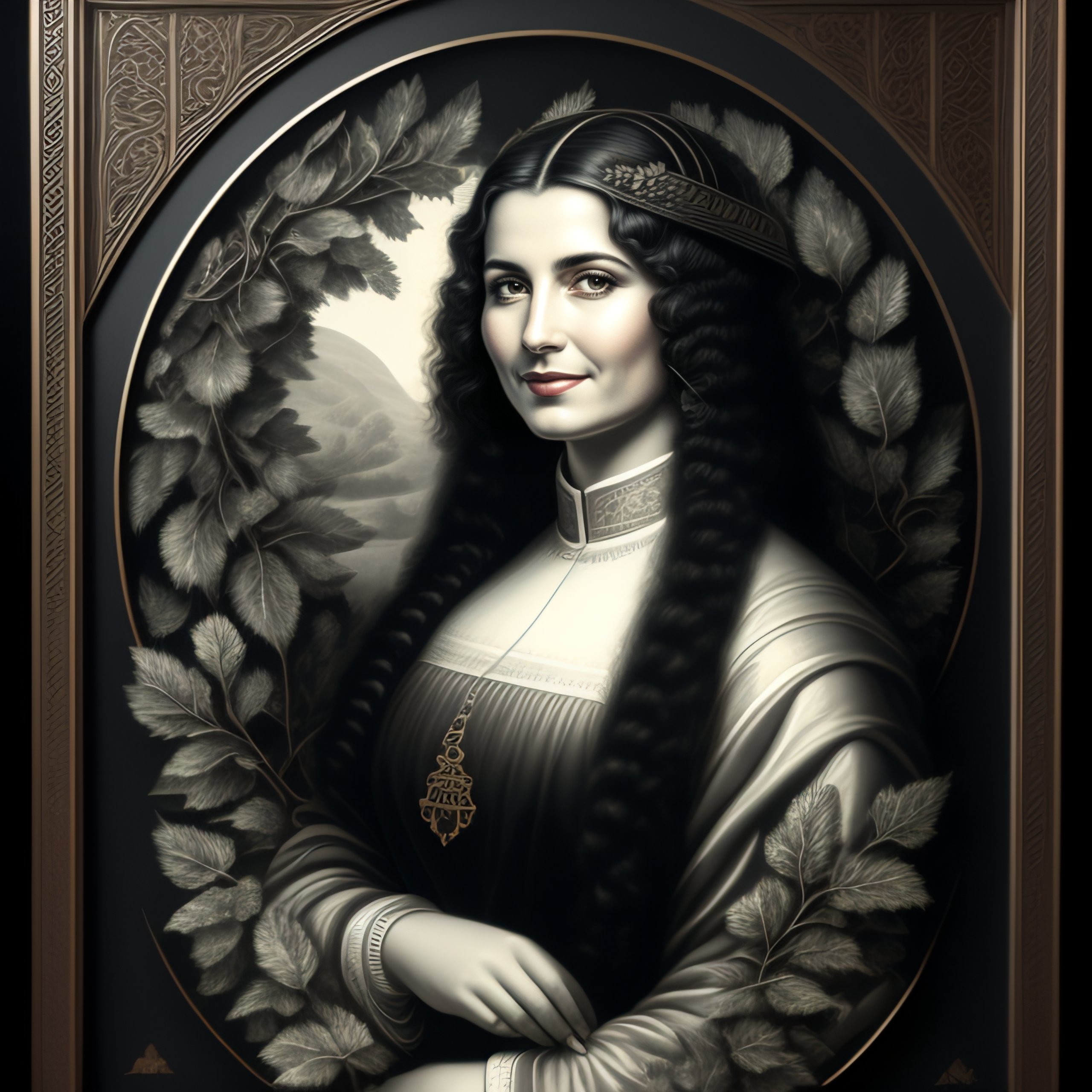 Lexica - Monochrome engraving of a woman herbalist surrounded by a ...