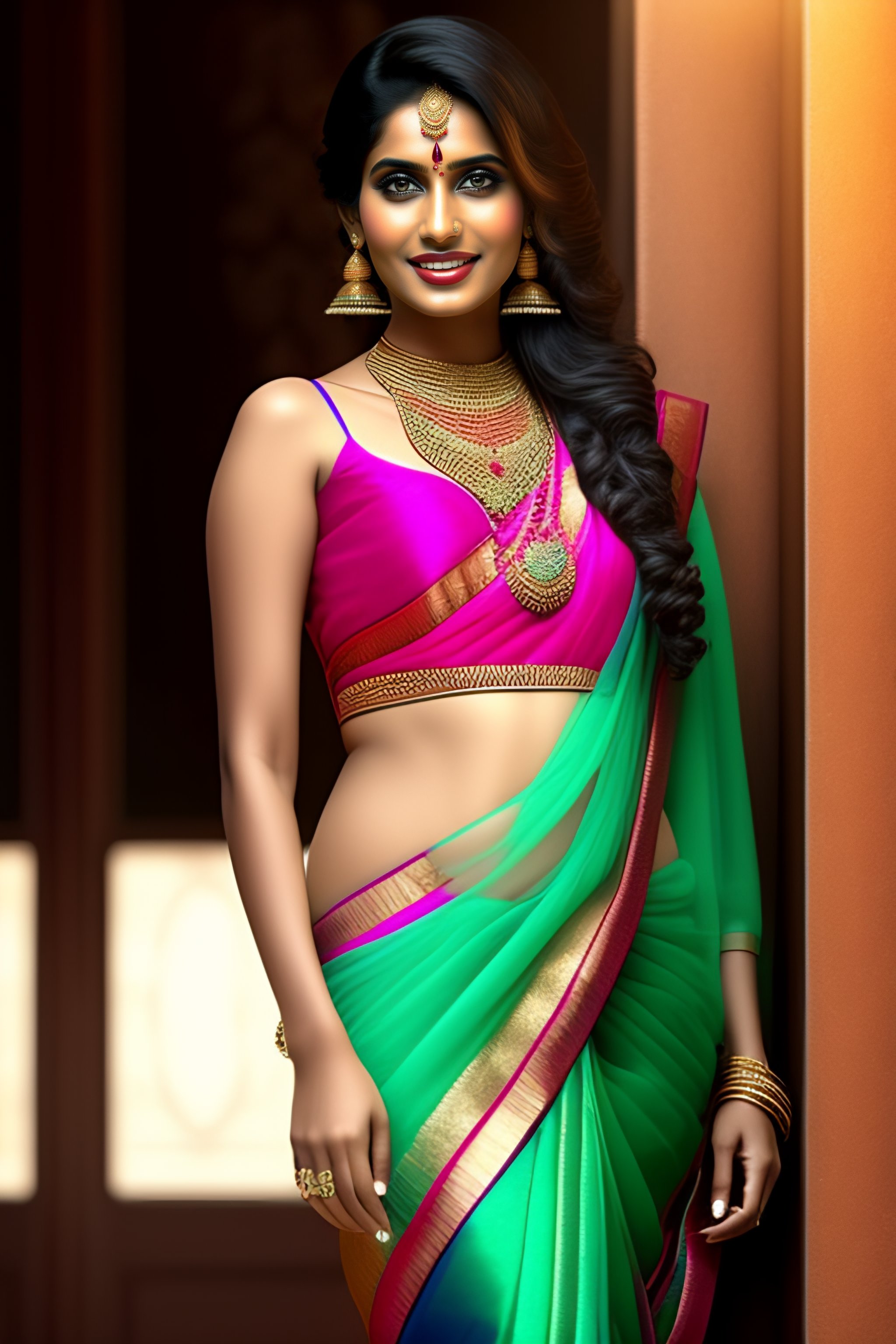 Lexica - Young indian woman in a saree, massive downblouse, fit body, wearing  saree, wearing kebama