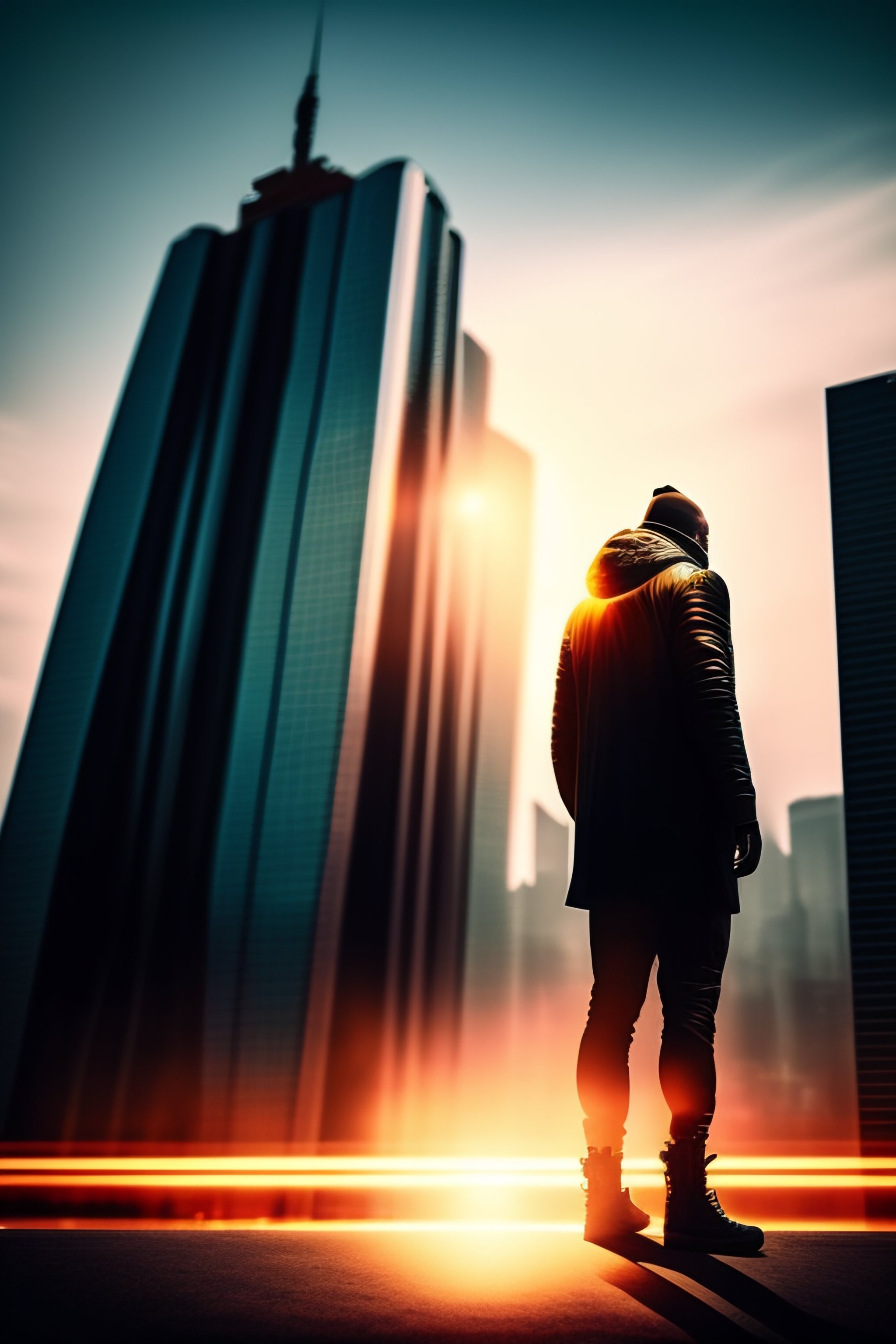 Lexica - "In the midst of a bustling city, a lone figure stands atop a ...