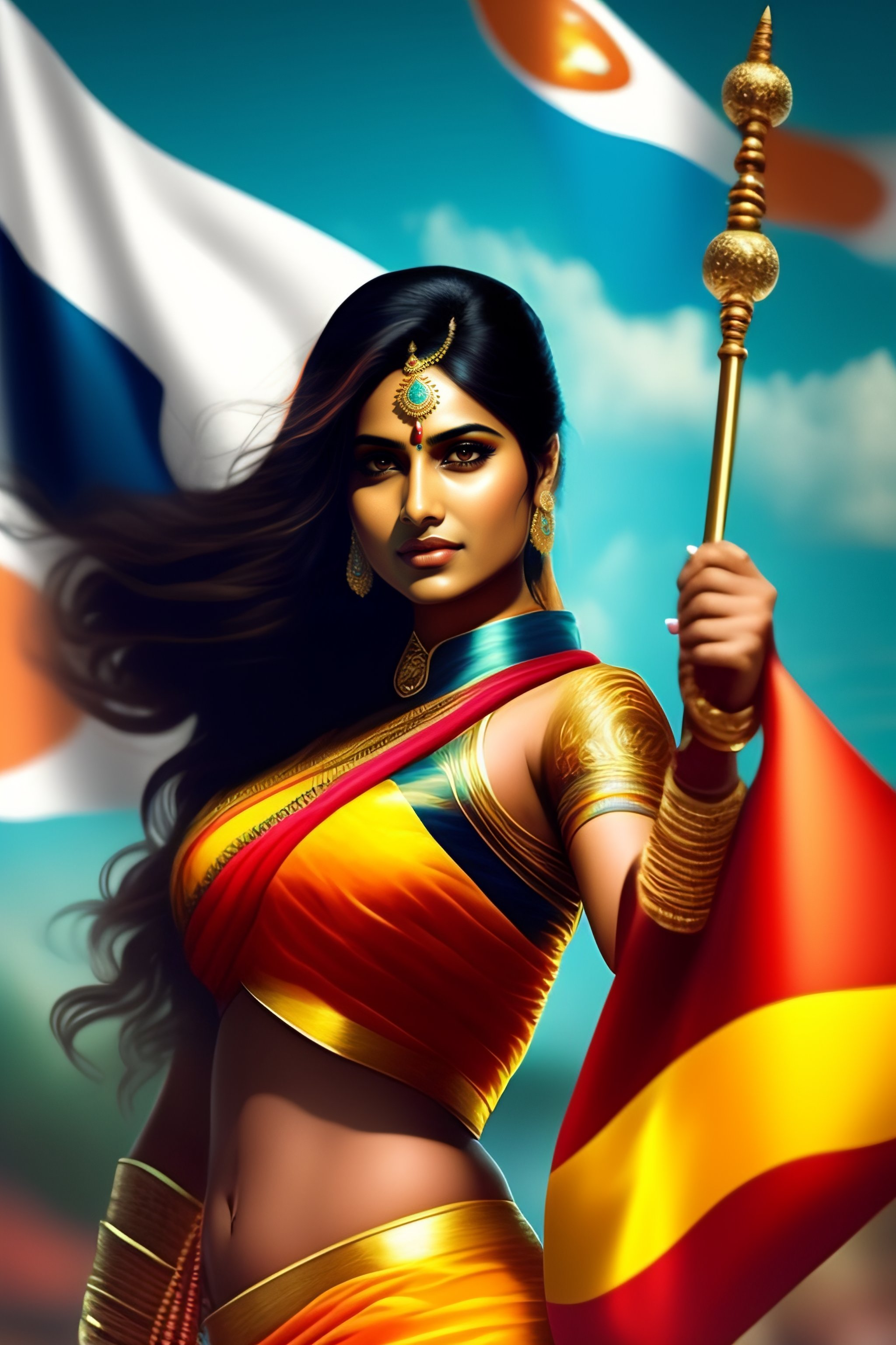 Lexica An Indian female superhero holding an Indian flag, anime style