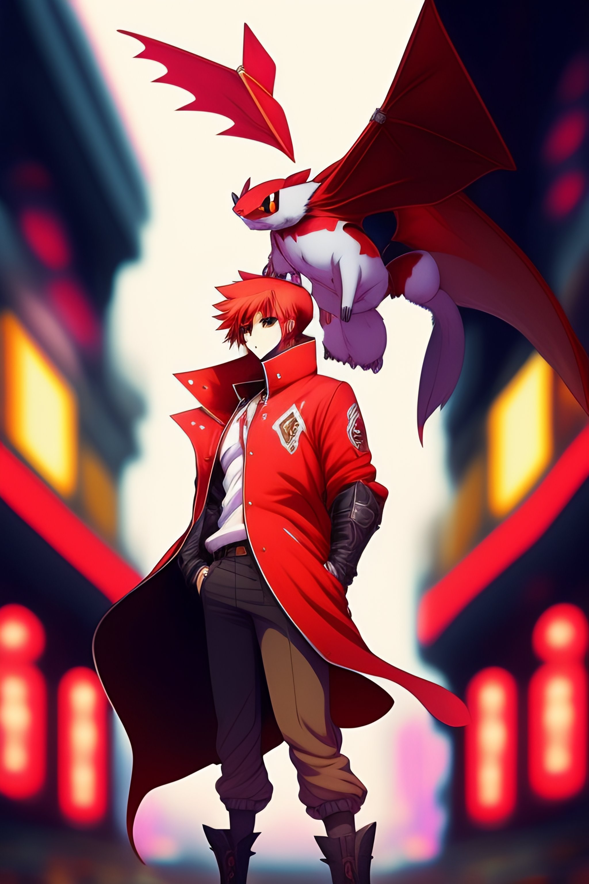 Lexica - A picture of a full body male pokemon trainer in red with a flying  charizard in a neo punk city, color full, highly detailed