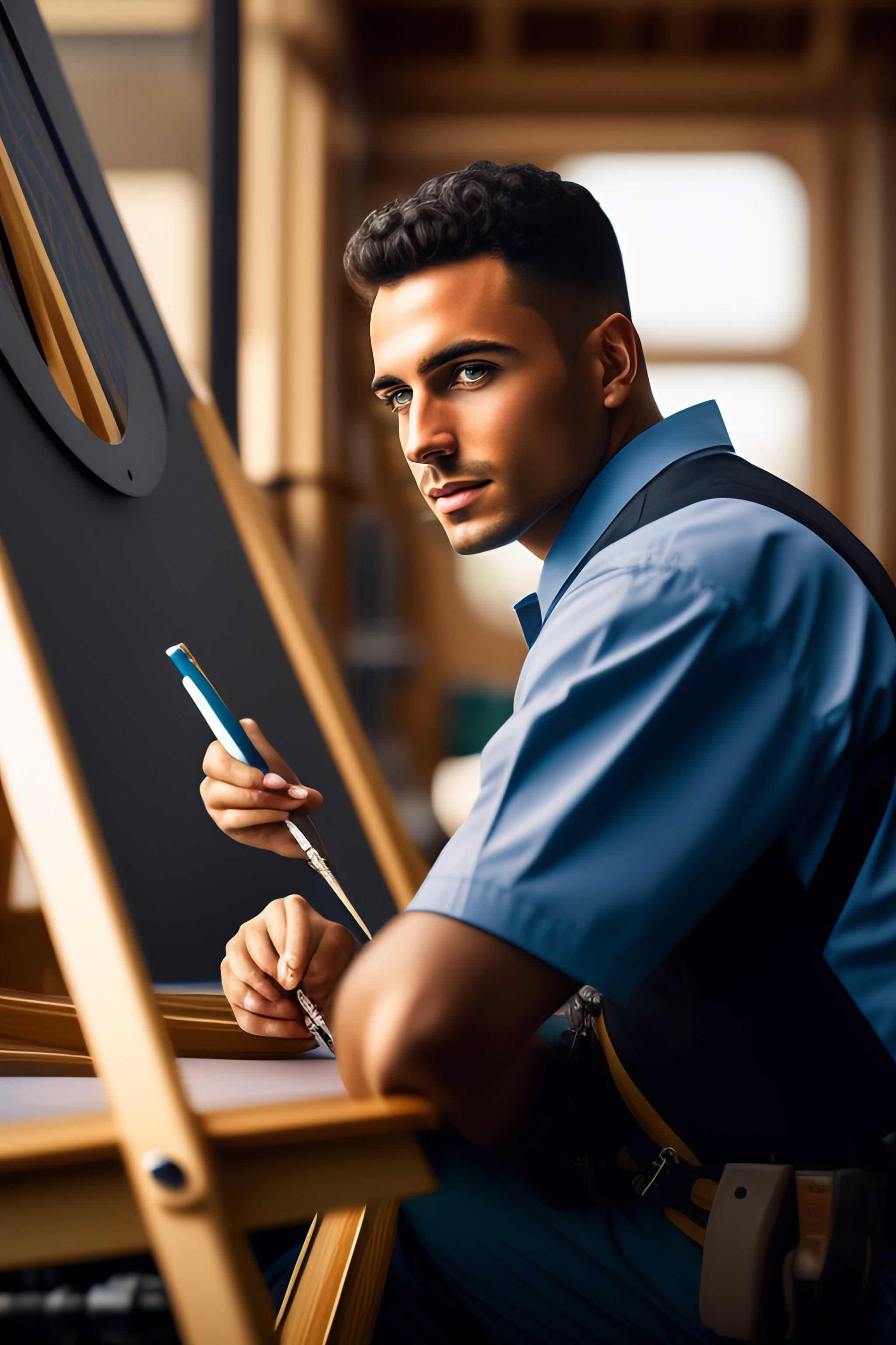 Lexica - Portrait of a young technician sitting at an easel designing a ...