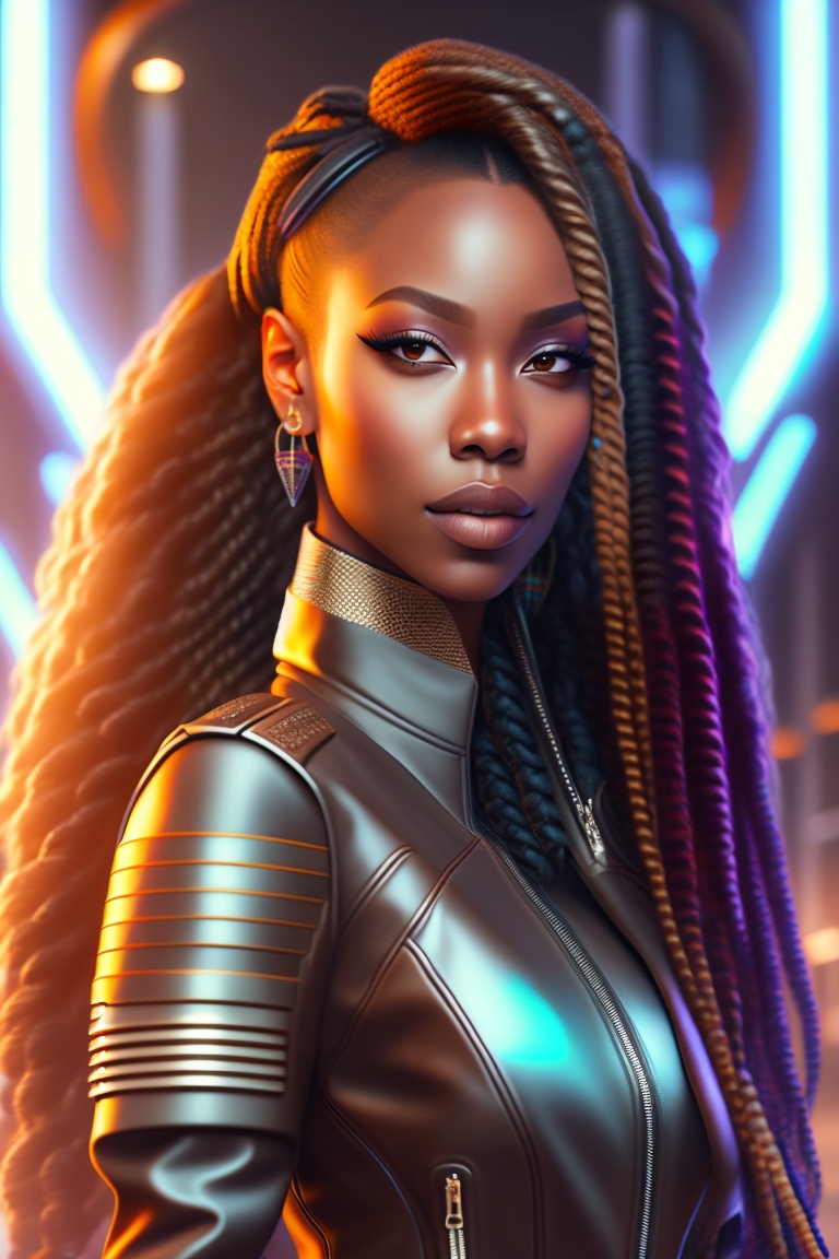 Lexica - Brown skinned lady in her 30s in a leather jacket, with long ...