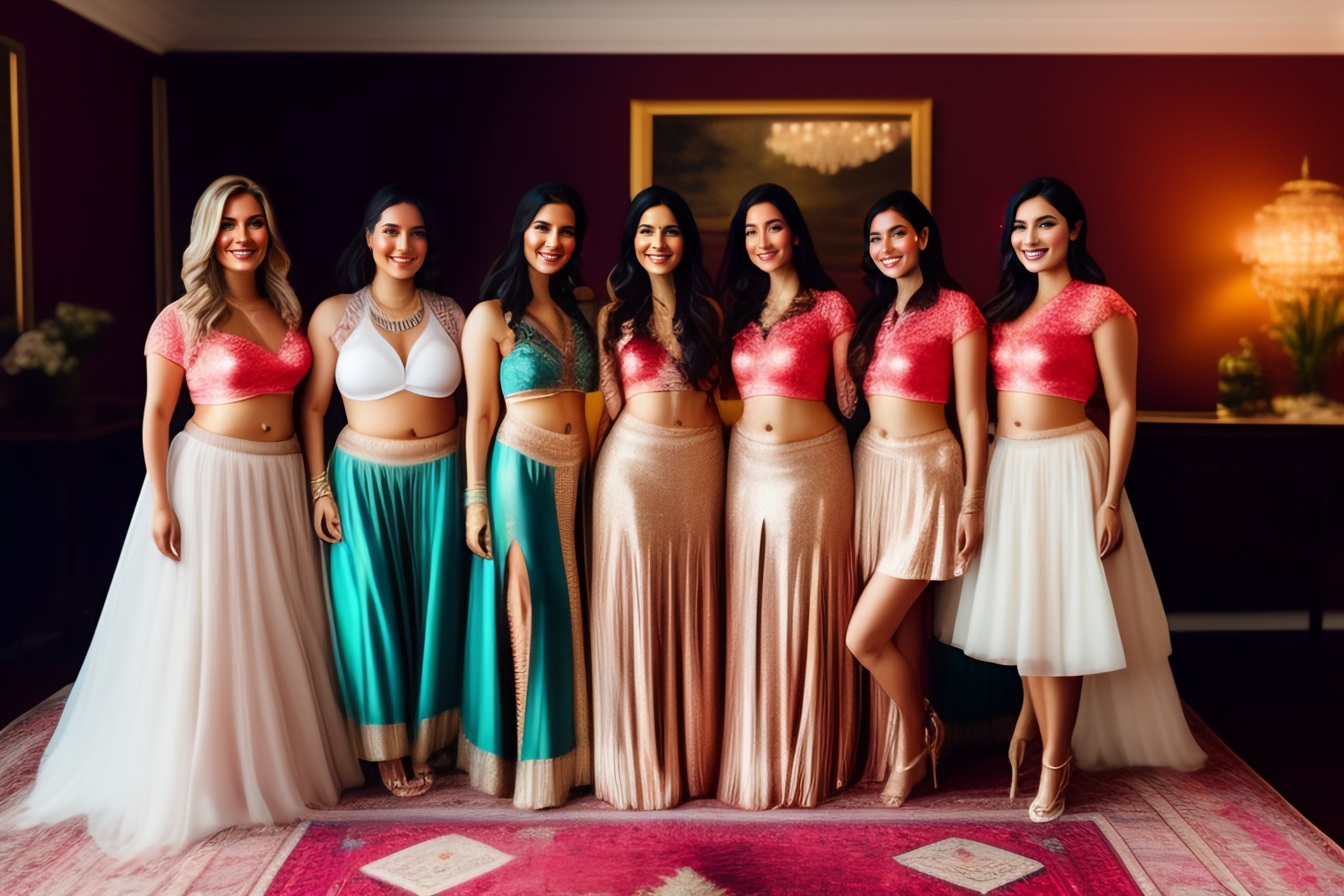 Lexica - A group of beautiful indian princesses smiling standing in a  palace bedroom, group of women, gorgeous, low waist skirt, tiny bra, tiny  skir