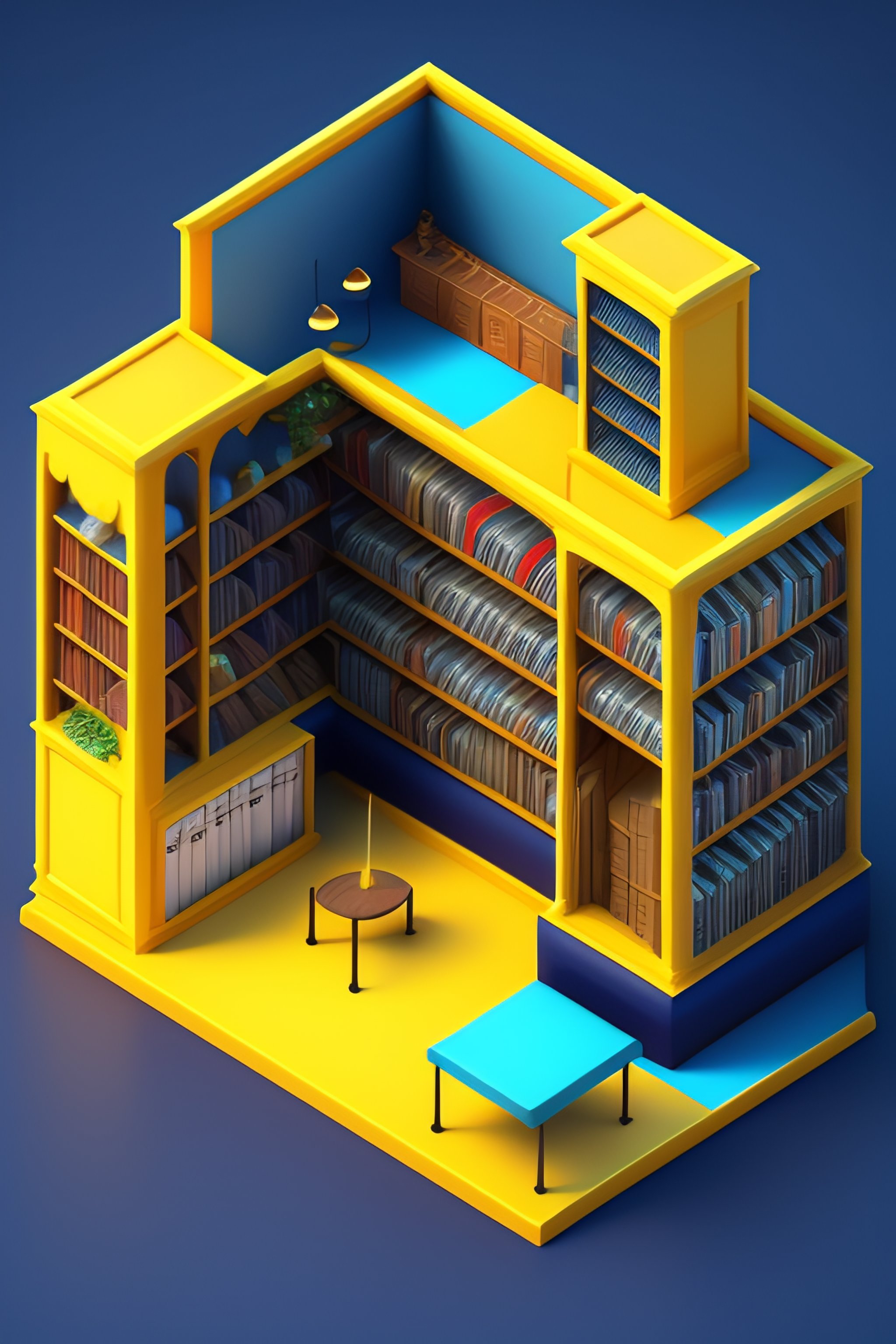 Lexica - A library with yellow and blue, isometric, 3d