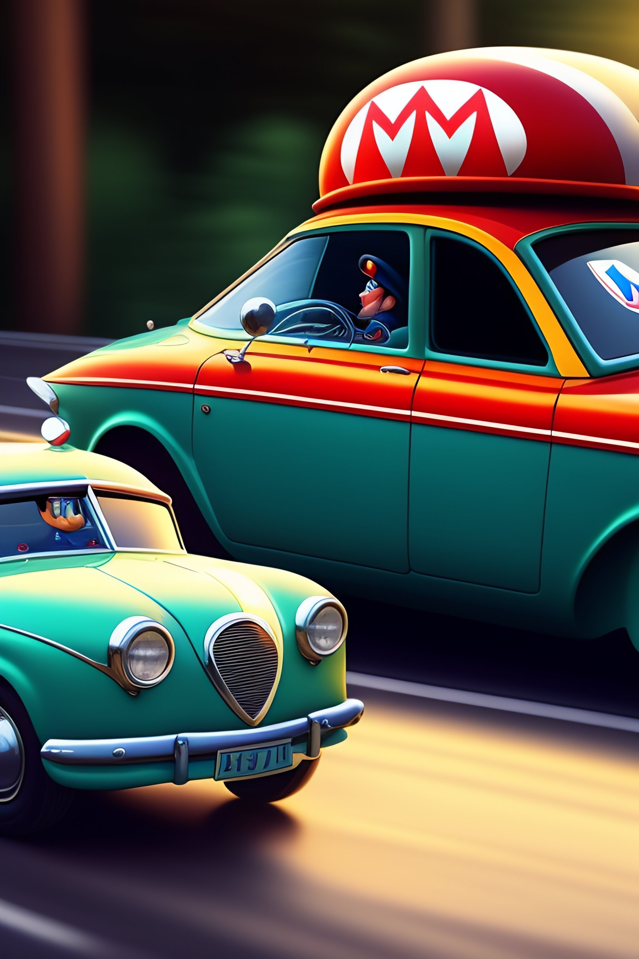 Lexica - Llustration of mario in a car sun is shining with ice