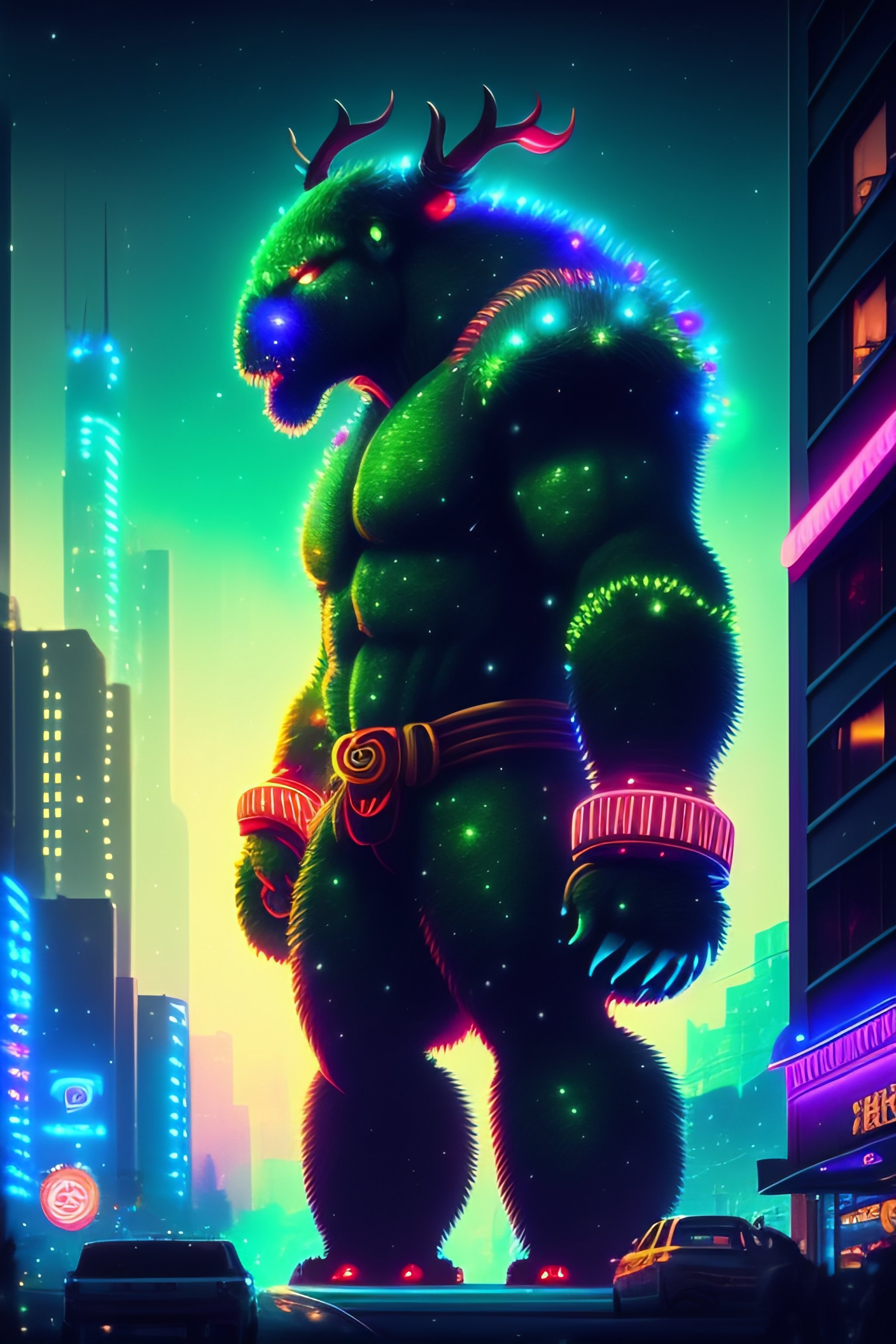 Lexica - A giant christmas tree monster rampaging through a neon ...