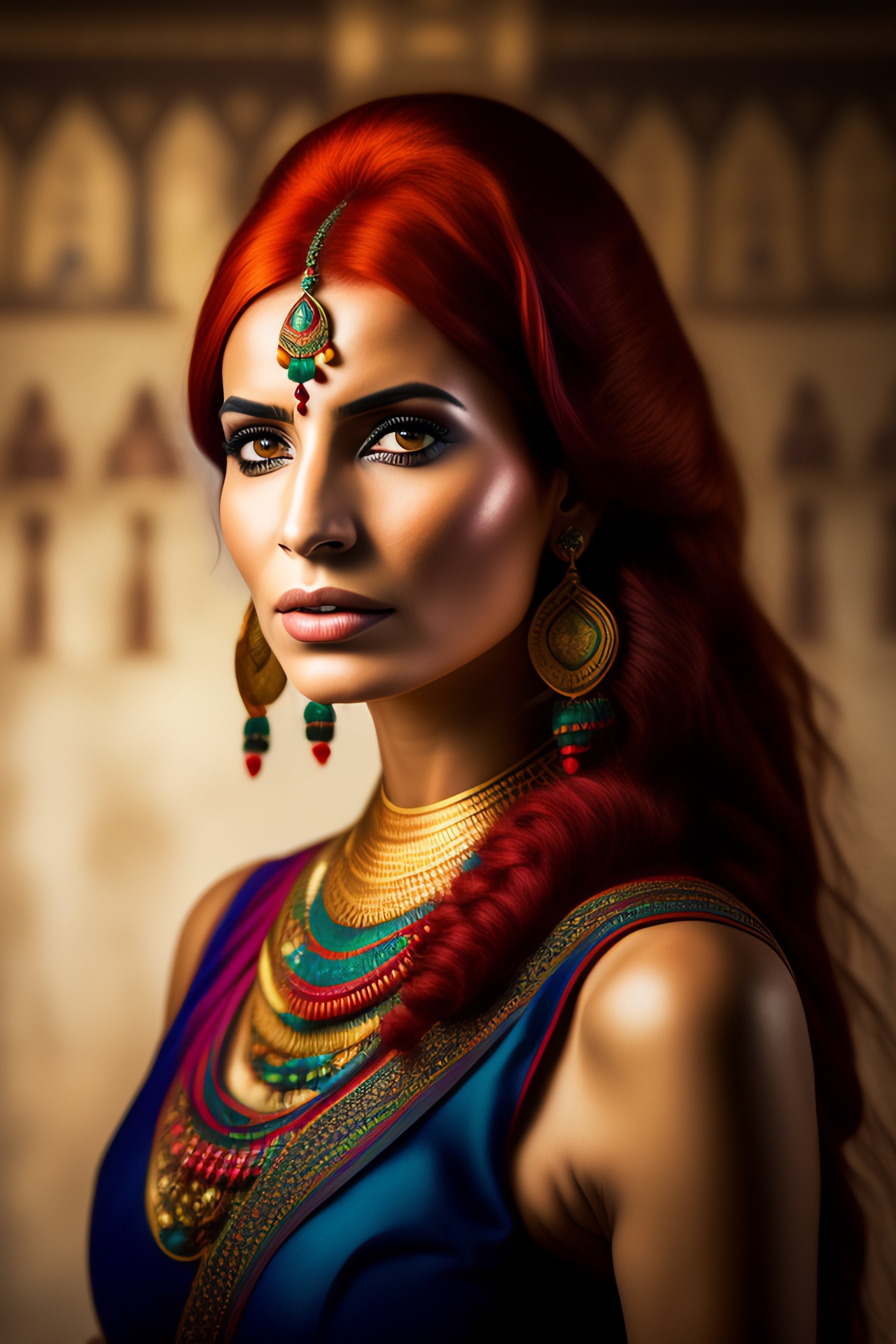 Lexica - Red haired egyptian women facing the camera, ancient egypt,  portrait, she has an egyptien eagle tatoo on her arm, she looks surprised,  color...