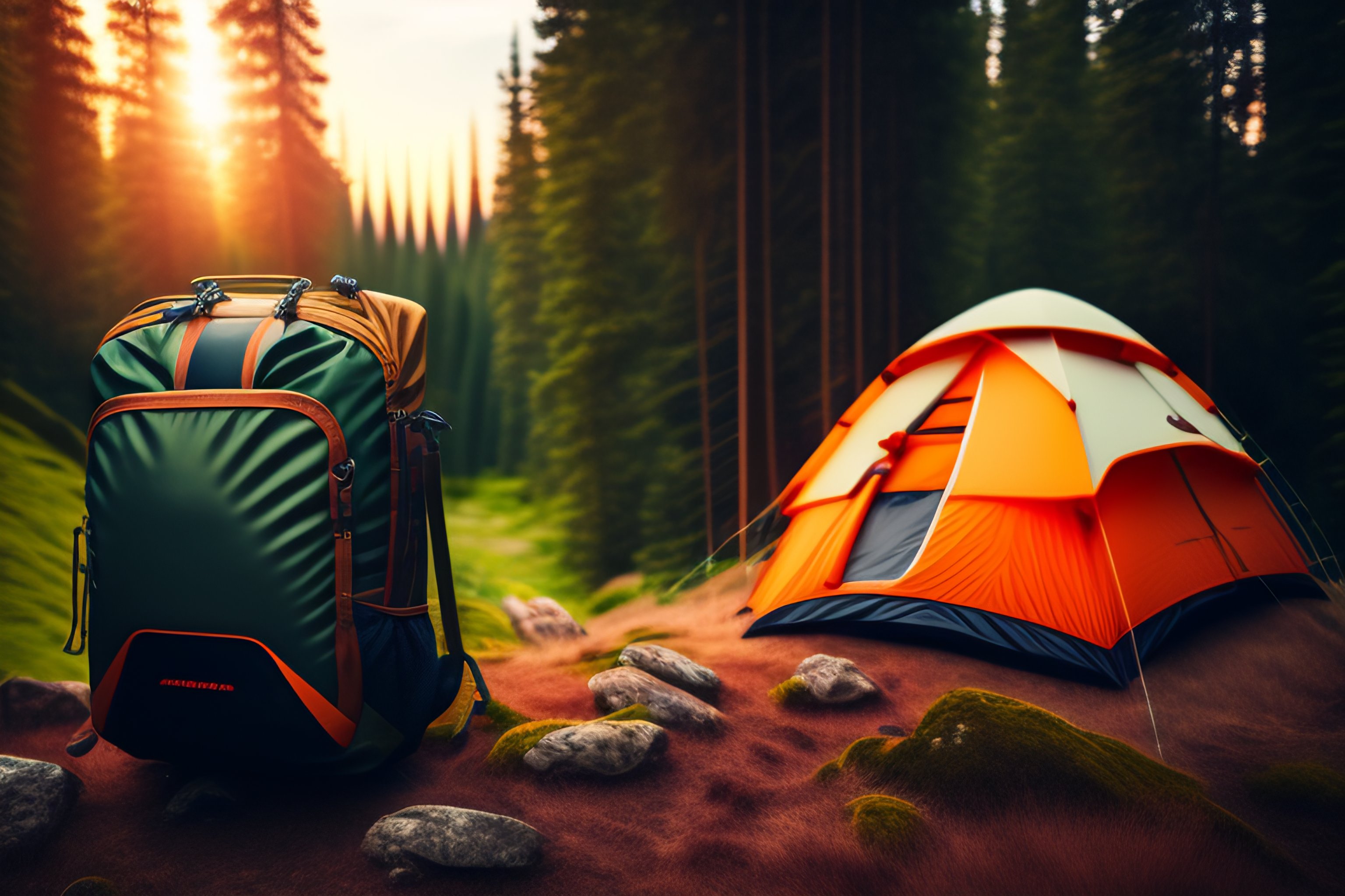 Lexica - Lifestyle hiking camping equipment retro photo camera backpack  outdoor forest nature on background friends cabin