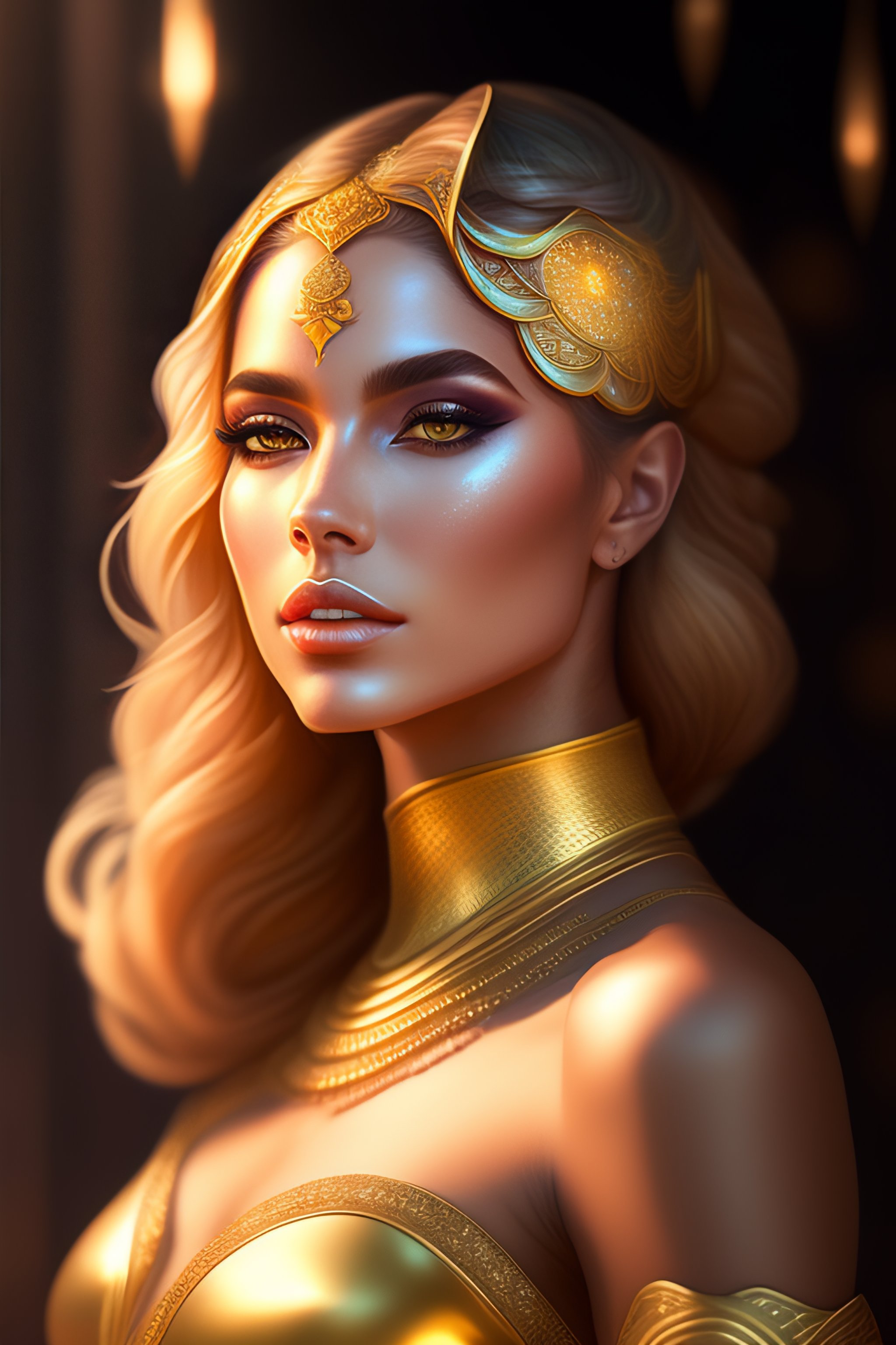 Lexica A Beautiful Cinematic Female Sand Goddess Golden Dress Glow Golden Tatto Galatic 
