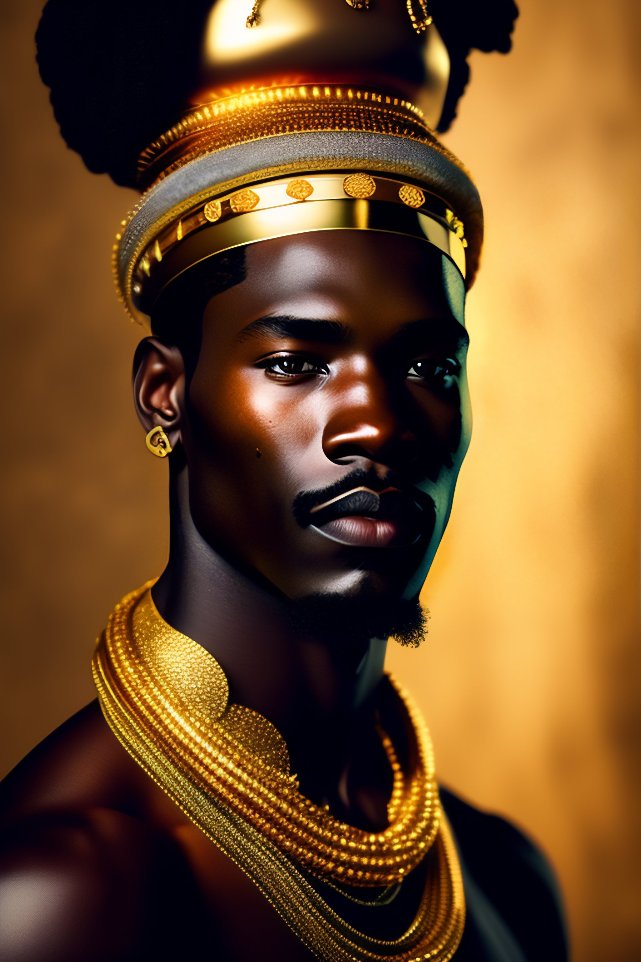 Lexica - African King, wearing gold ornaments, looking into camera ...