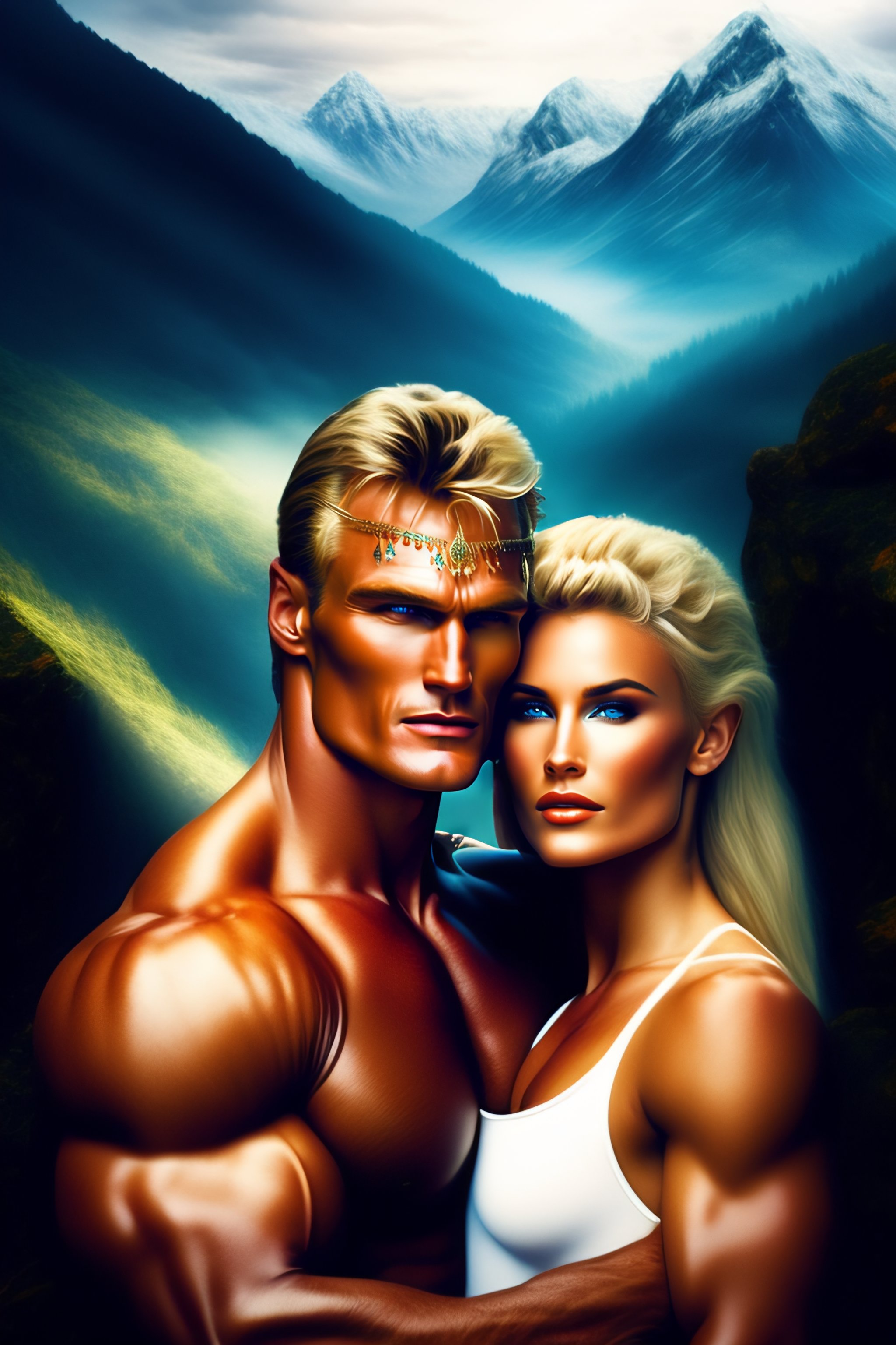 Lexica - Dolph Lundgren in his youth hugs a beautiful elf girl, beautiful  fantasy landsape, mountains, flying island