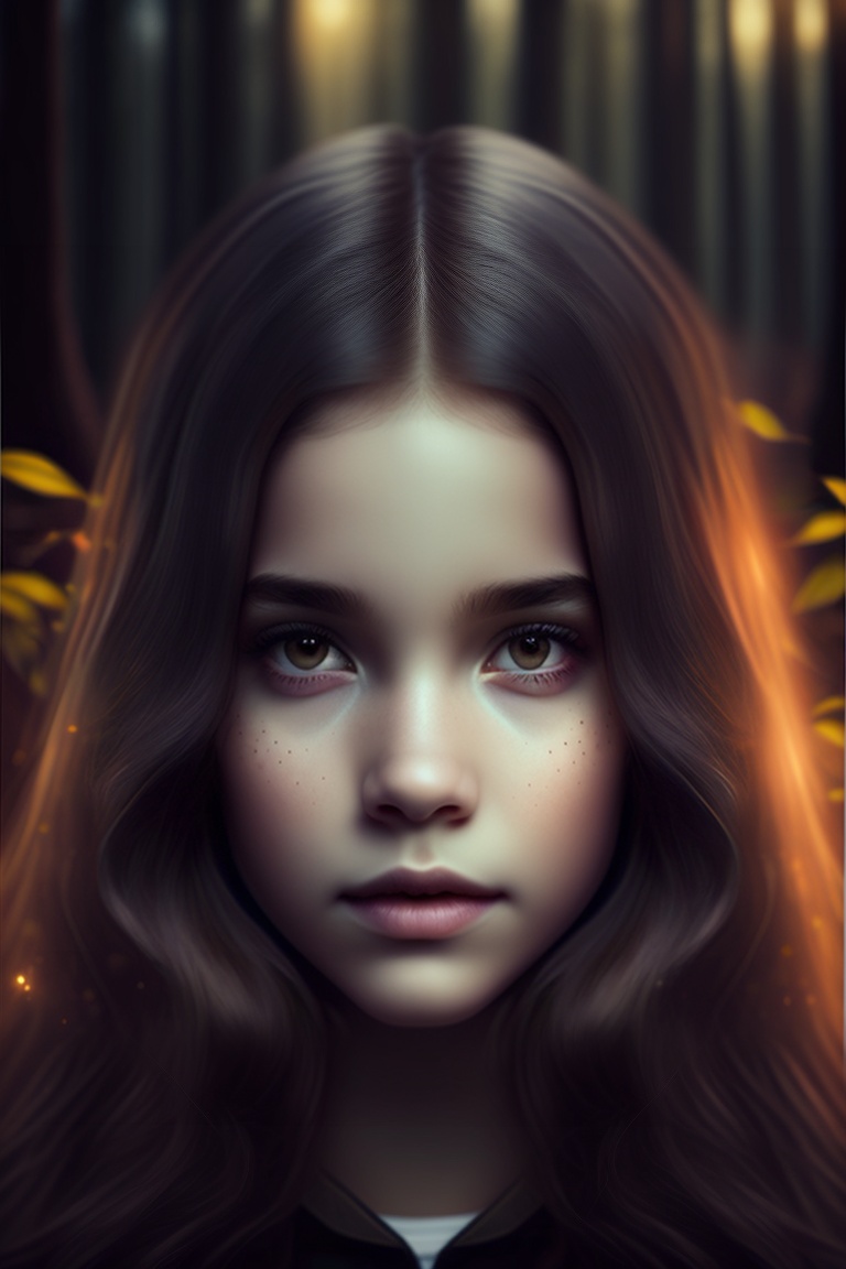 Lexica - A young girl in the forest, looking at camera, horror,dark