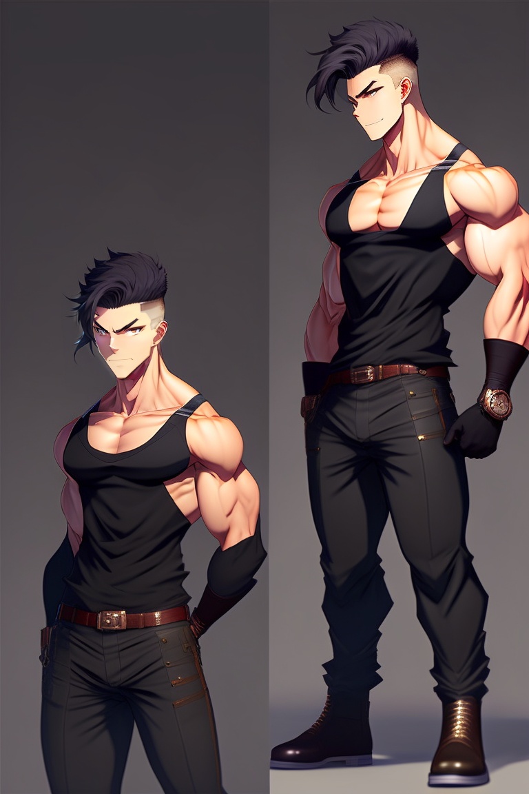 Lexica - 2d anime handsome and muscular man, wearing a black shirt and cool  pants