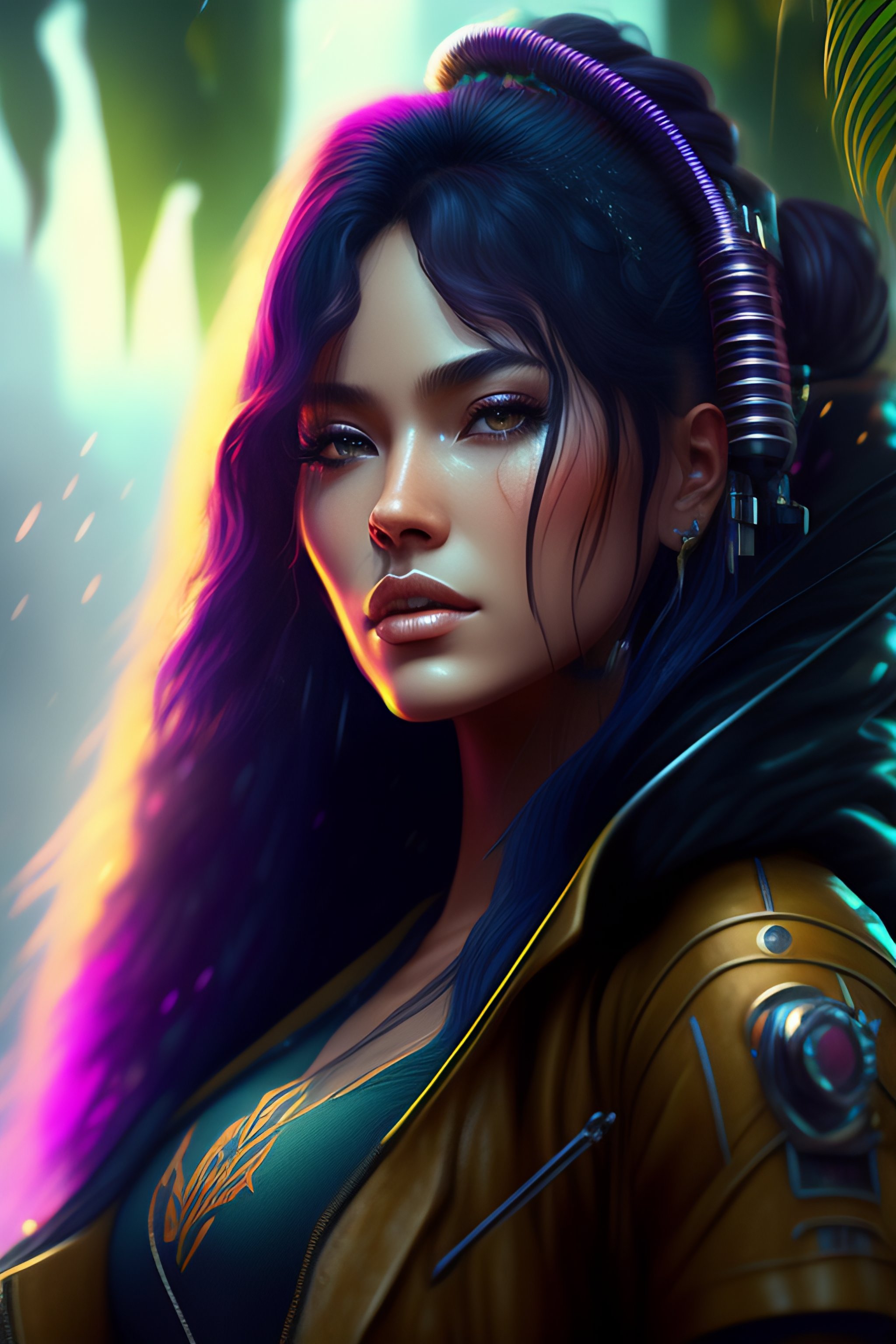 Lexica - Cyberpunk girl rain jungle high detail