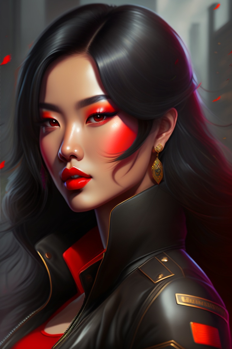 Lexica Asian woman, red lipstick, black eyes, black jacket, fit, long