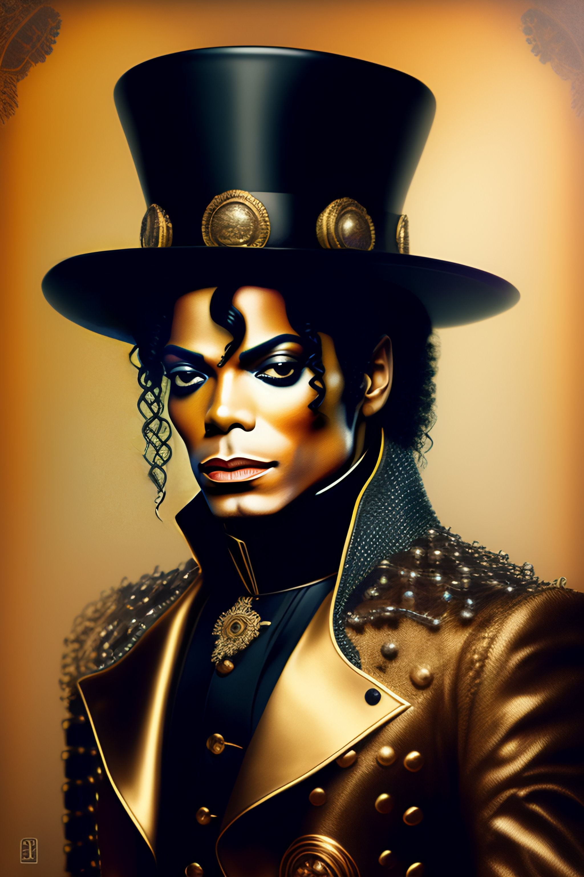 Portrait of michael jackson in a steampunk-themed outfit, young in the  eighties, on stage, perfect eyes, full body, steampunk style,  photorealistic, ultra realistic, ultra intricate, ultra detailed, ultra  sharpness, art by alphonse