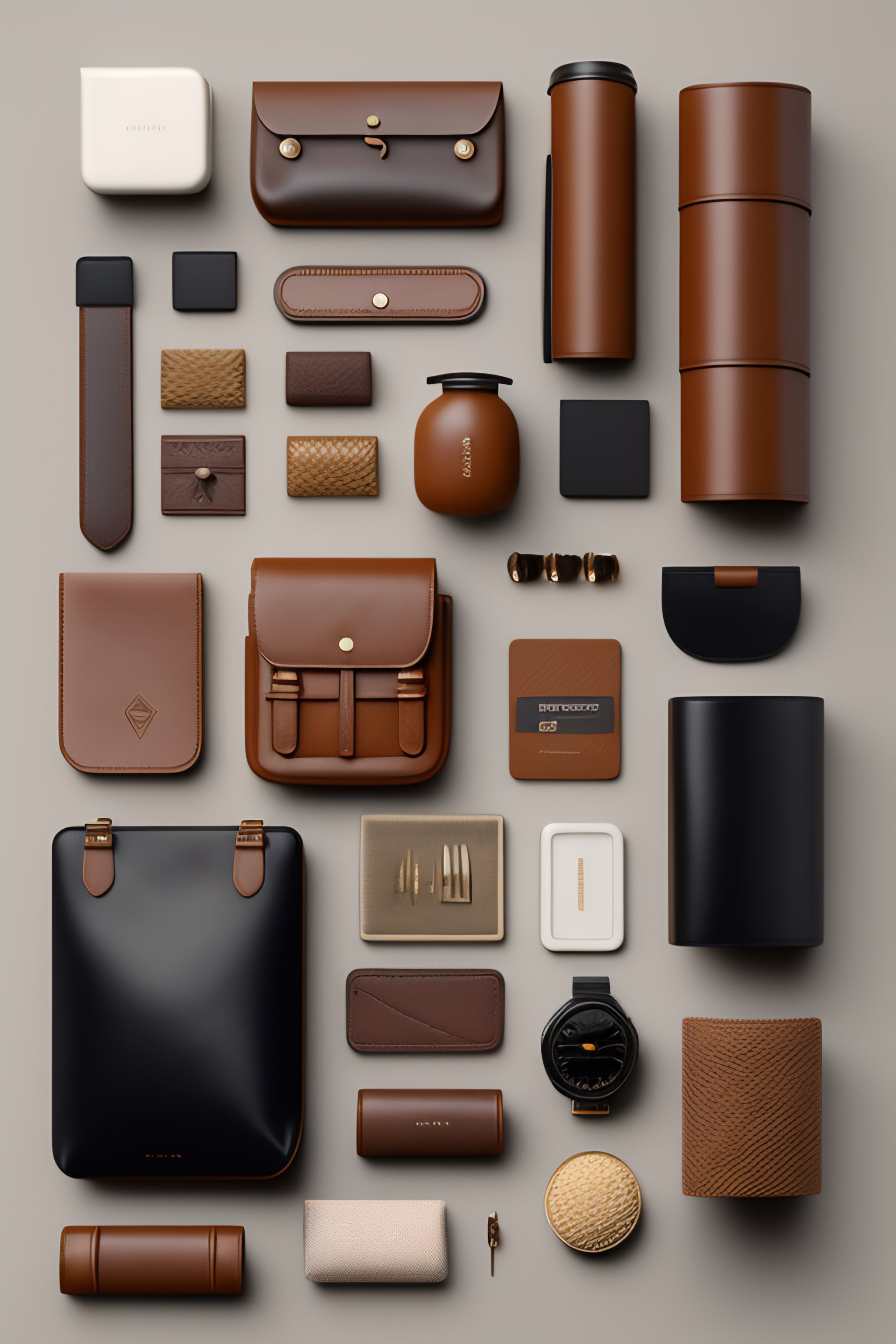 Lexica - Prompt: '[leather bags], Knolling, flat lay, Natural materials ...