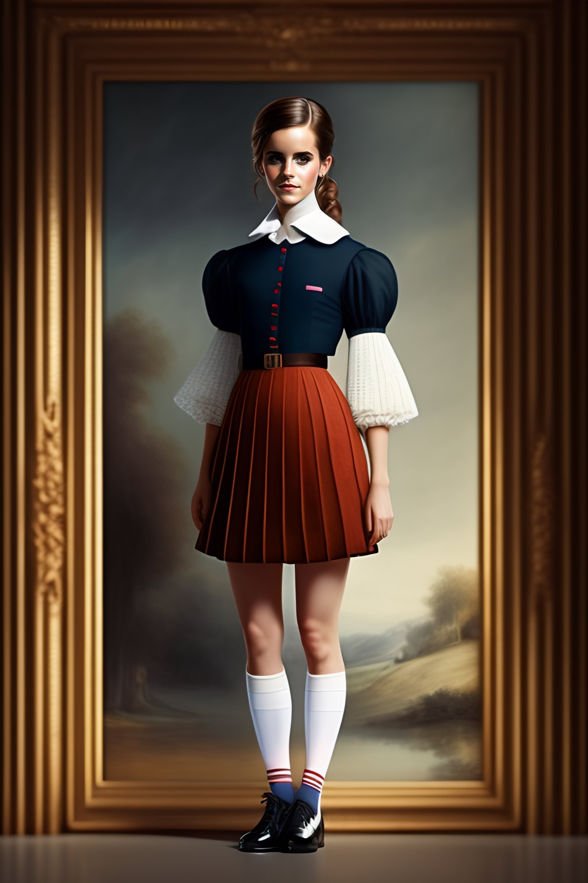 Lexica - Emma Watson - un, school uniform, seifuku, pleated miniskirt,  overknee socks. by rembrandt 1 6 6 7, illustration