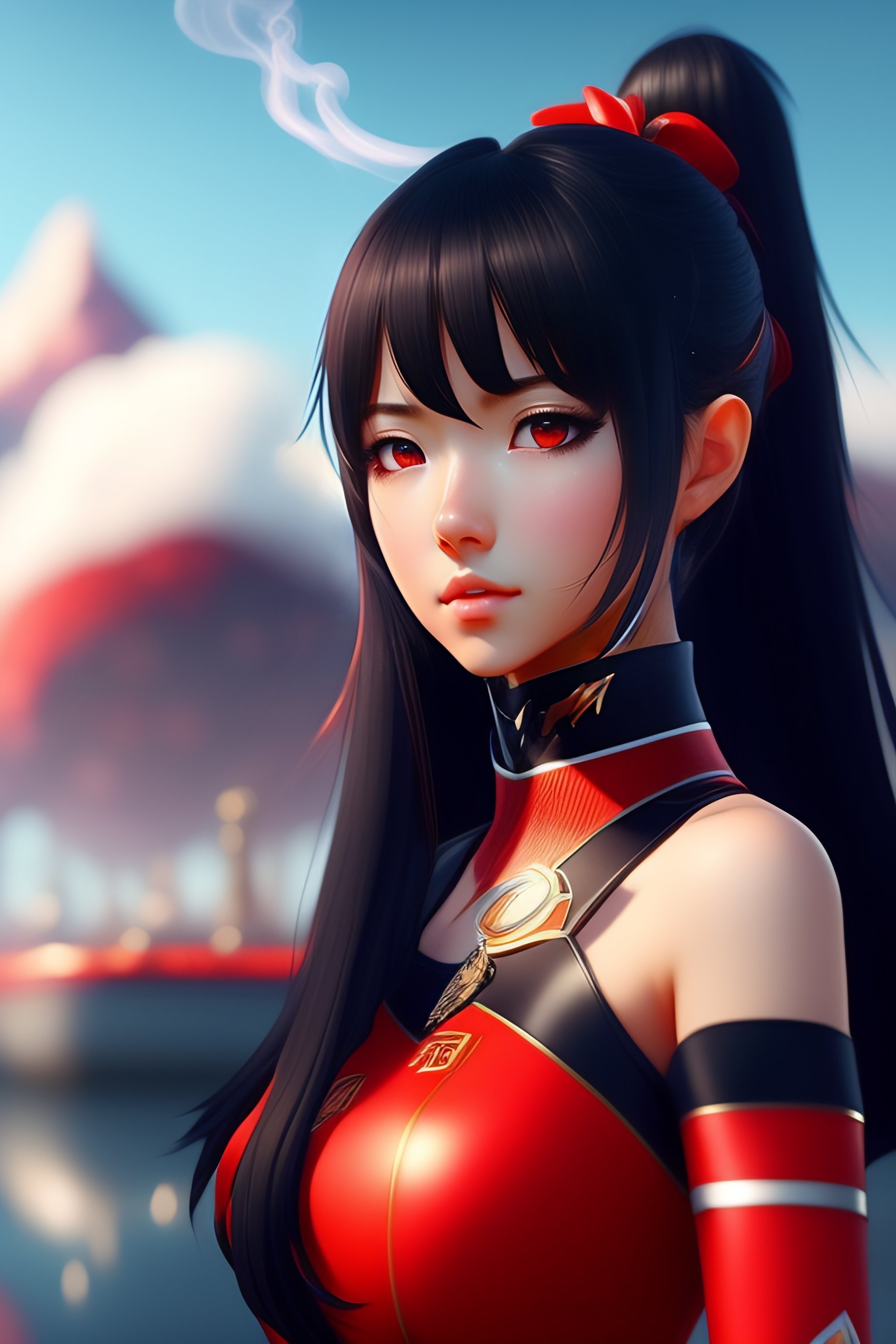 Beautiful anime girl with black hair and red eyes