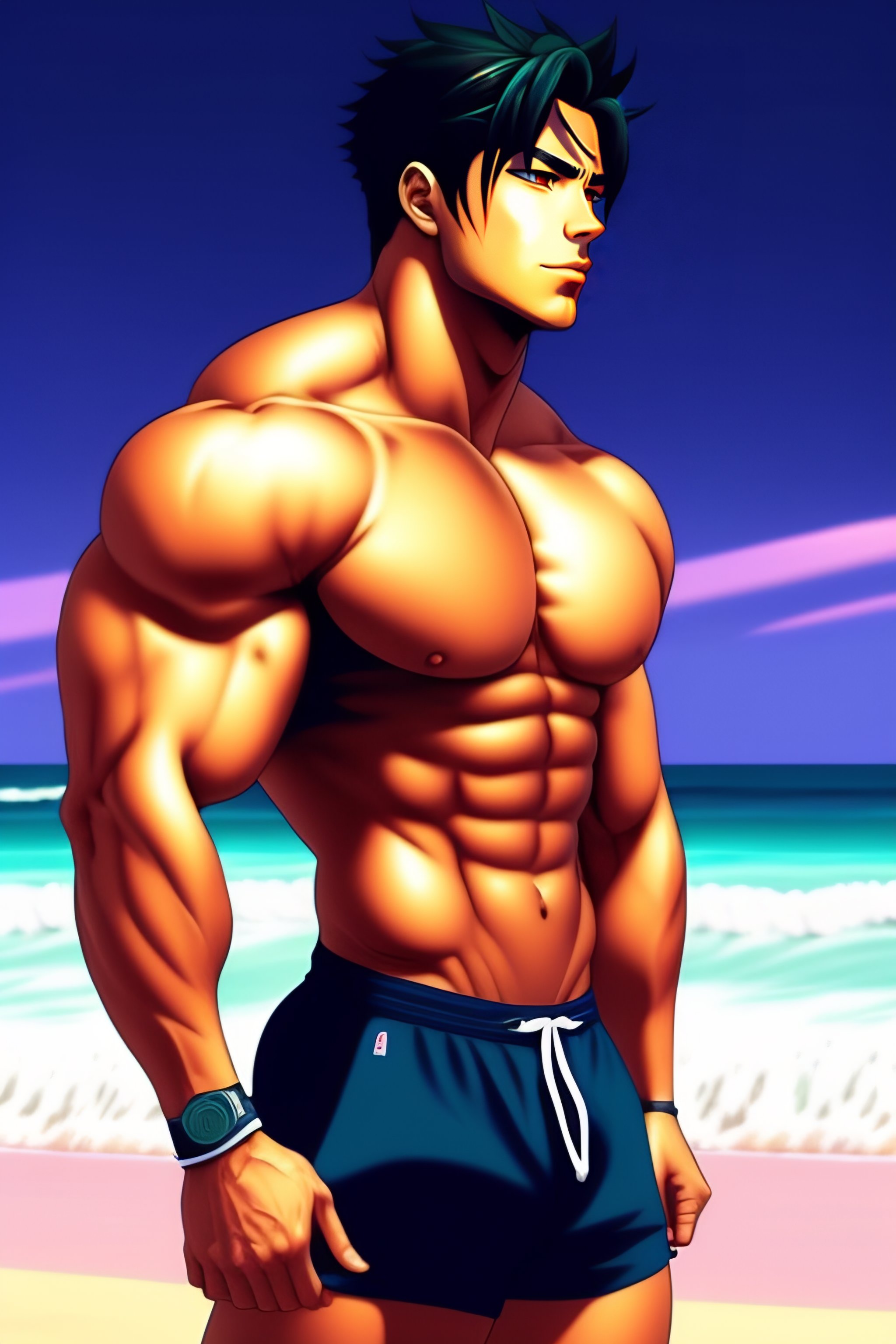 Lexica - Stunning with only a few muscles male working out at the beach,  artsy anime style