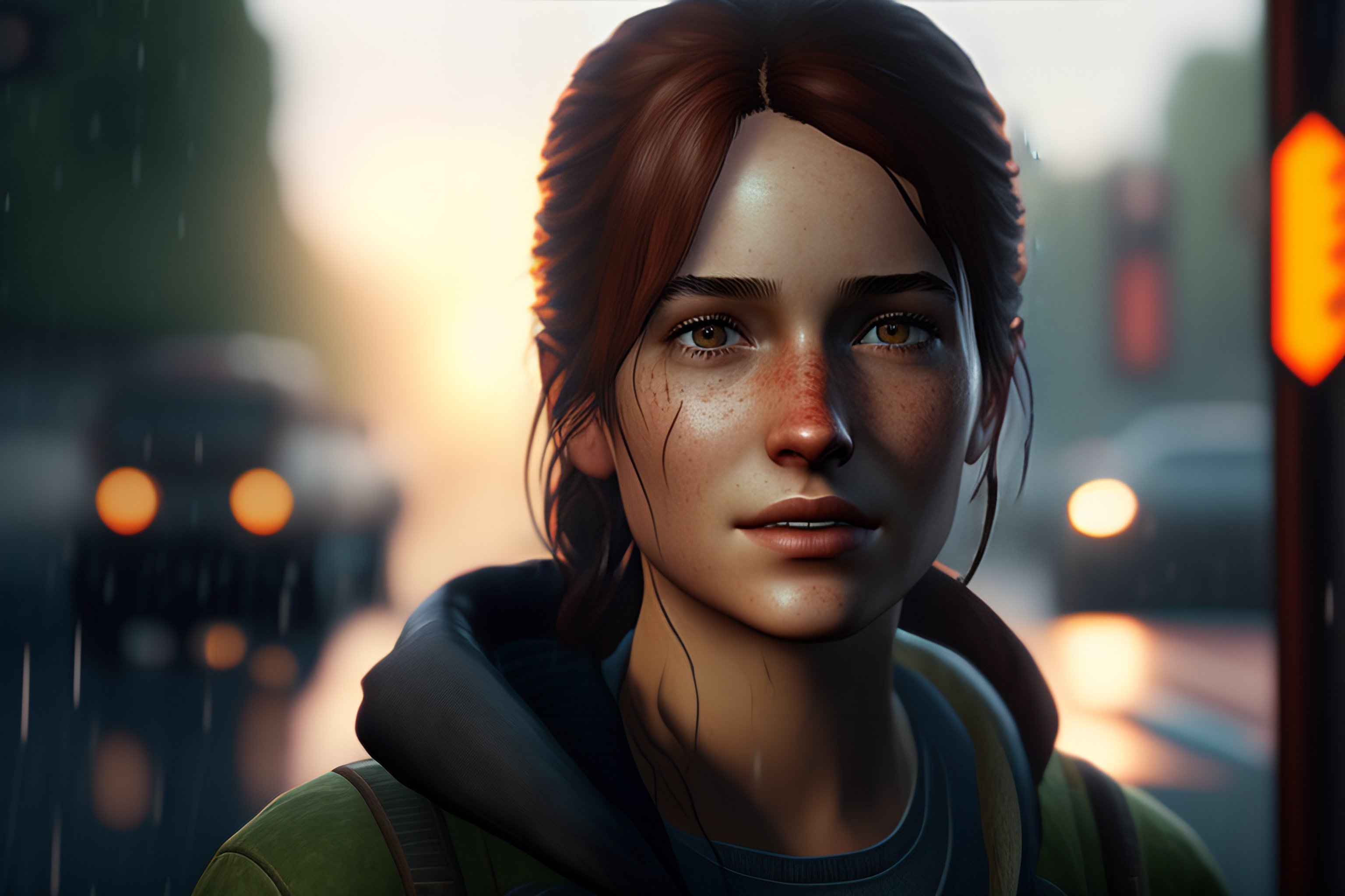Lexica - Portrait of adult Ellie from the game The last of us 2, medium  shot looking to the side, raining, traces of rain on her face --ar 16:9  --tes
