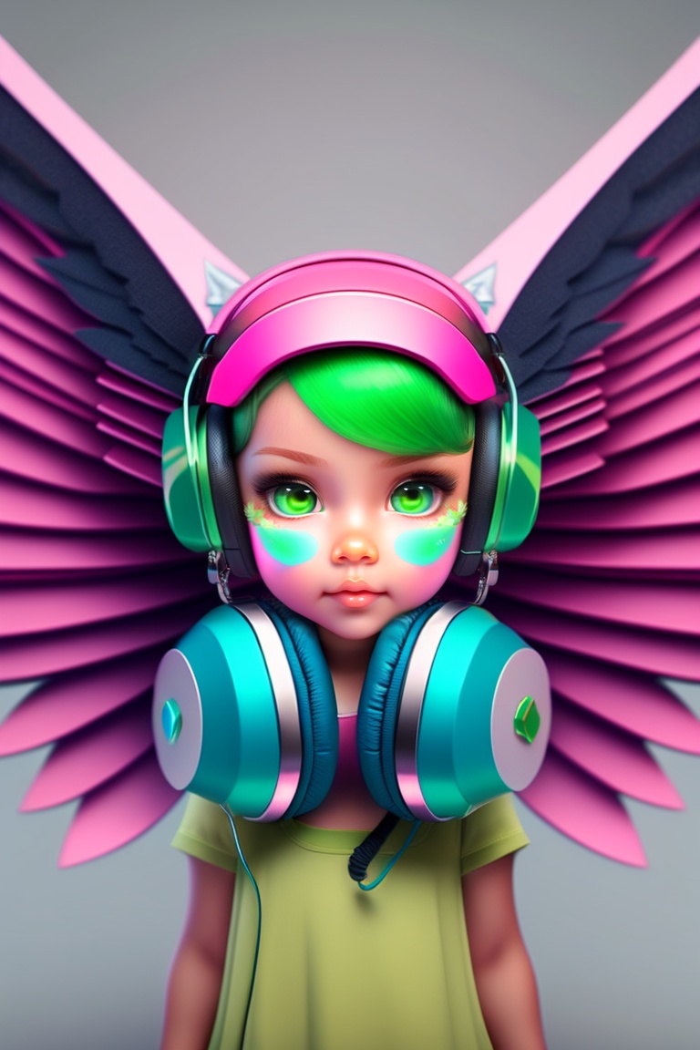 Lexica A animated girl with green headphones, pink wings and blue