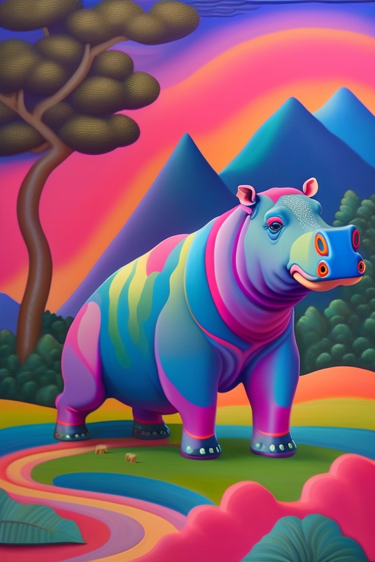 Lexica A cute pink hippo hiking in the mountains, presented as an oil