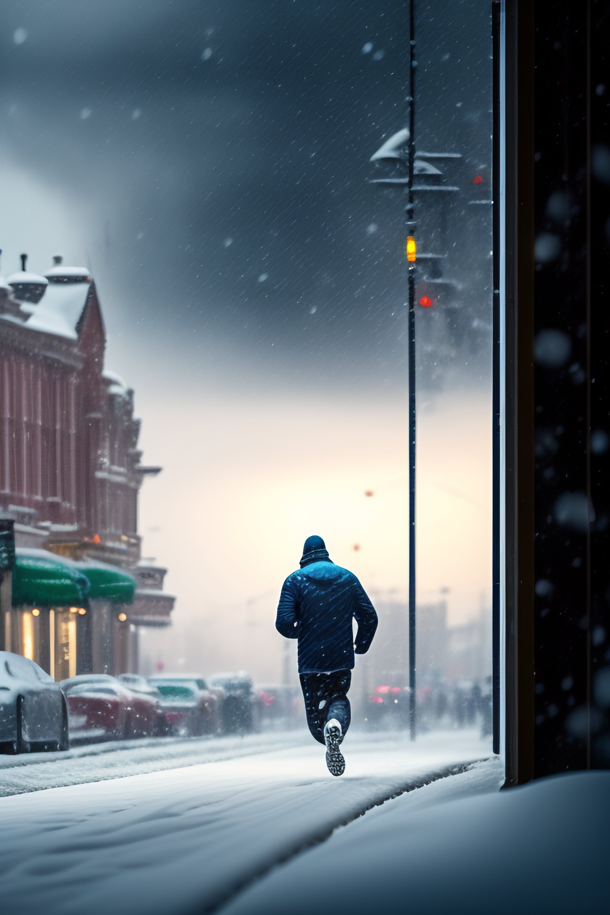 Lexica - Man running along the street against strong gusts of snow ...