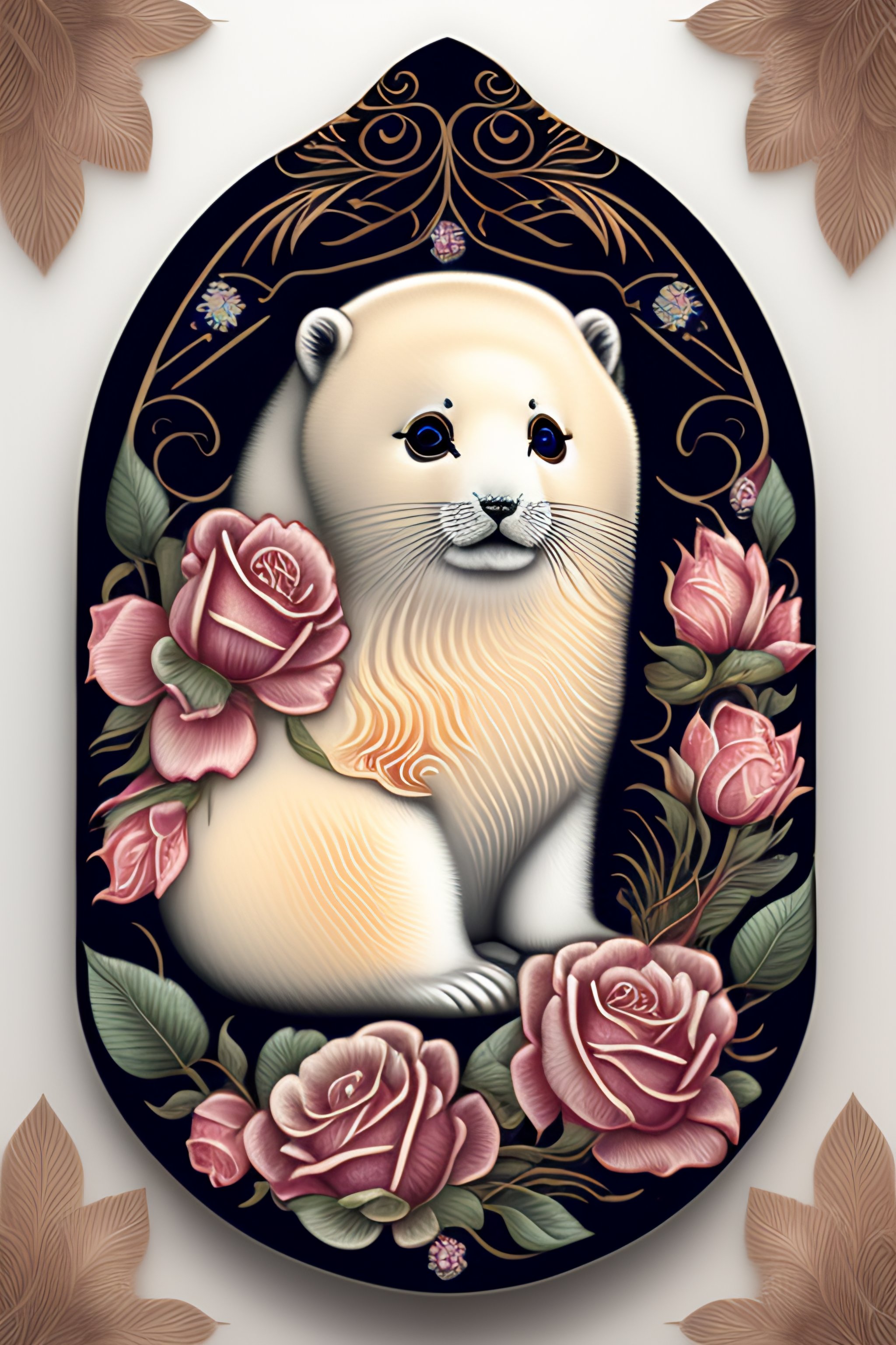 Lexica - Cute baby harp seal with classical floral elements emanating