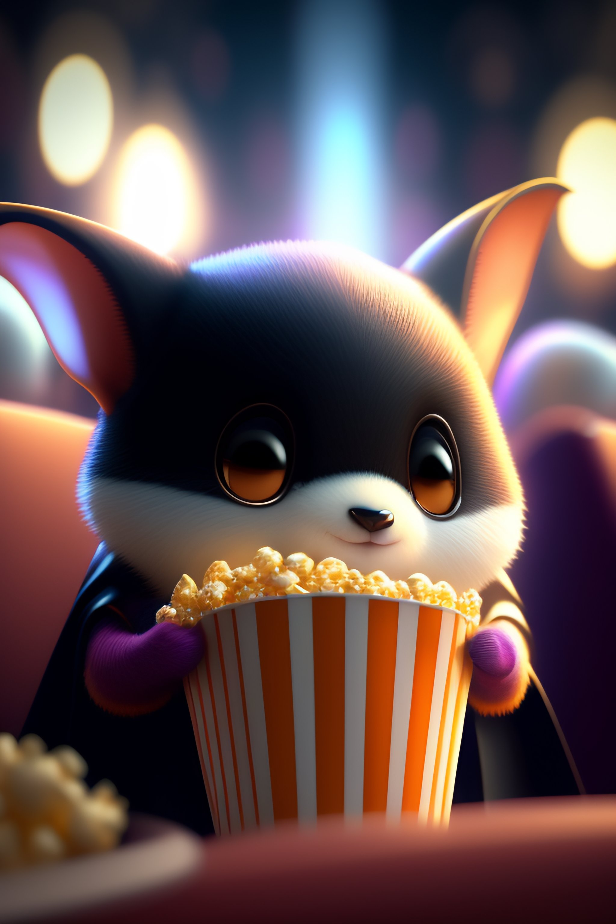 Lexica - Cute small humanoid bat sitting in a movie theater eating popcorn  watching a movie ,unreal engine, cozy indoor lighting, artstation,  detaile...