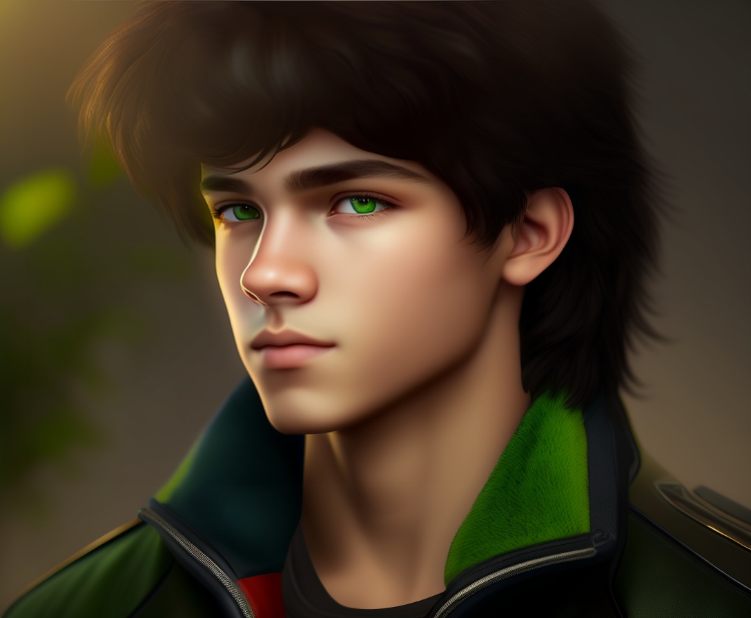 Lexica - A close-up portrait of a teenage boy with piercing green eyes ...