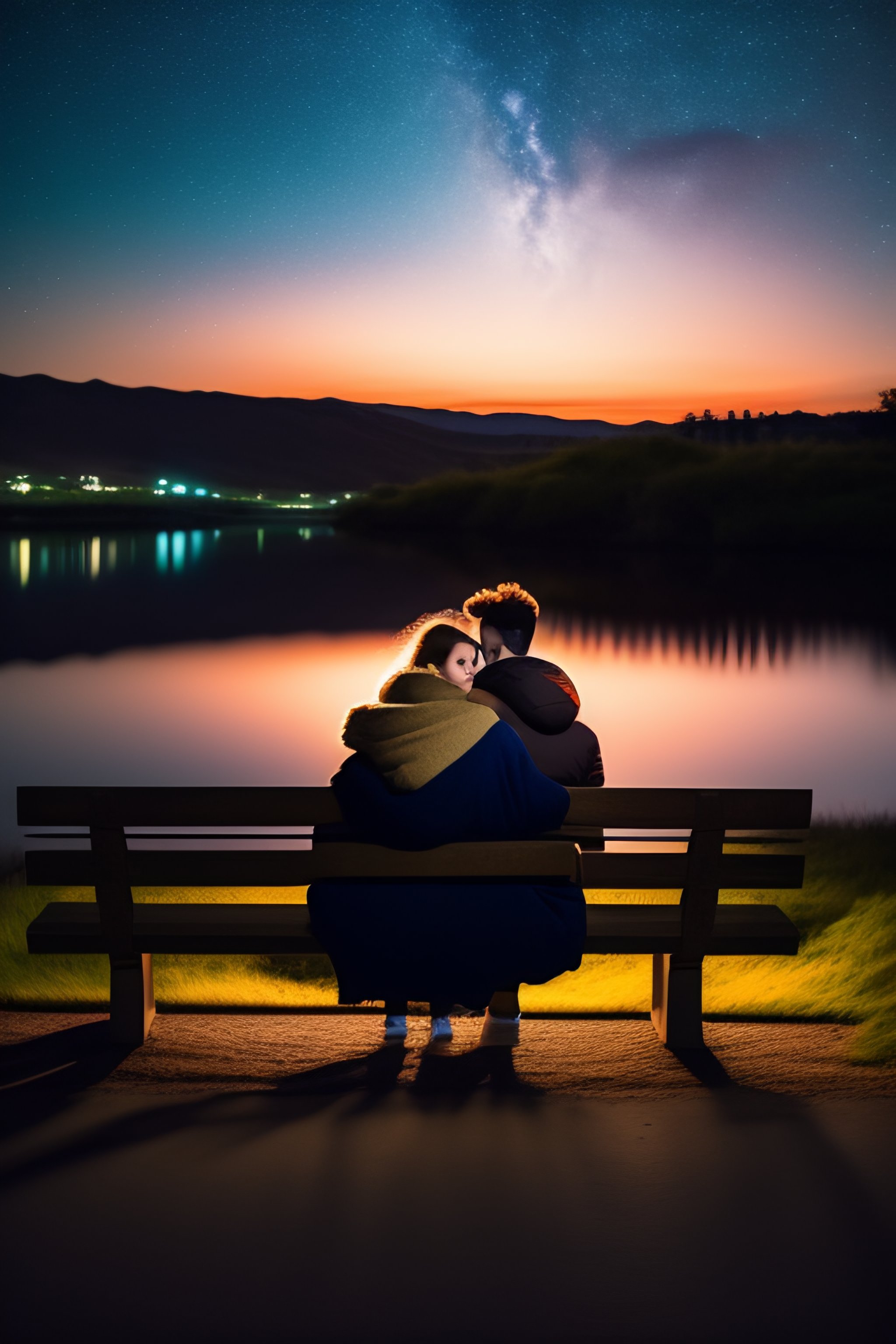 Lexica - A young couple wrapped in a blanket sits on a bench and looks ...