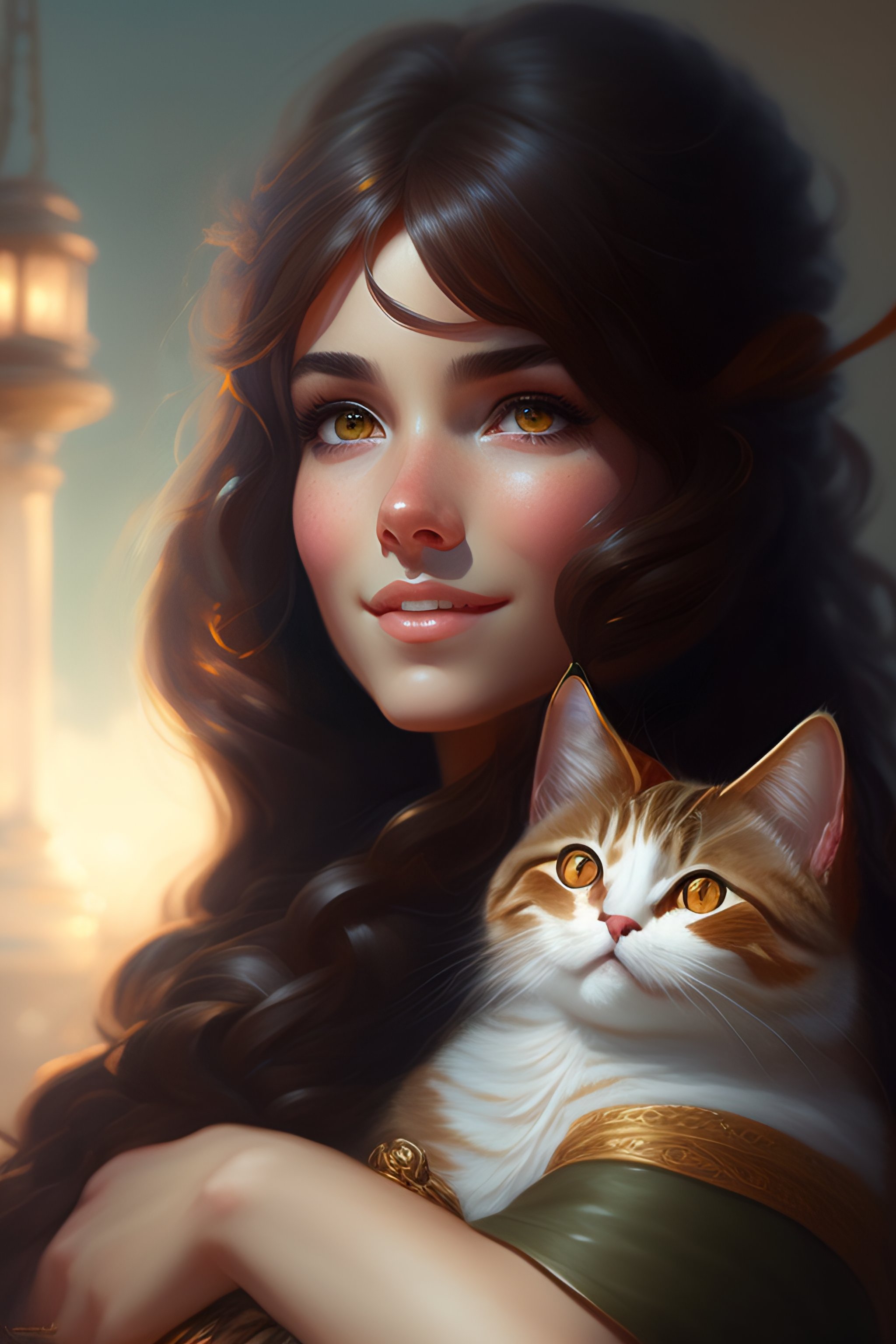 Lexica - A detailed portrait of a cute brunette girl hugging a tabby ...