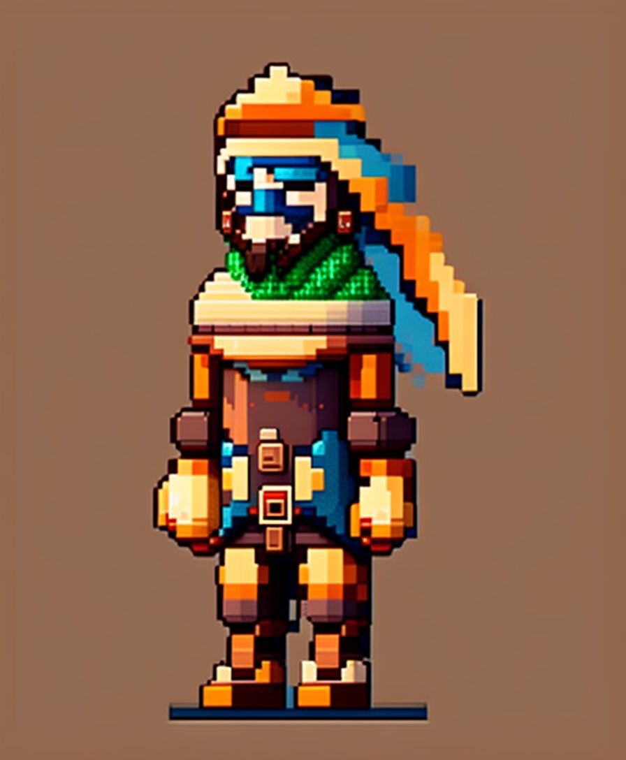 Lexica - Pixel-perfect sprite of a desert nomad video game character. Pixel  art, limited color pallete. No hat and nothing in hands.