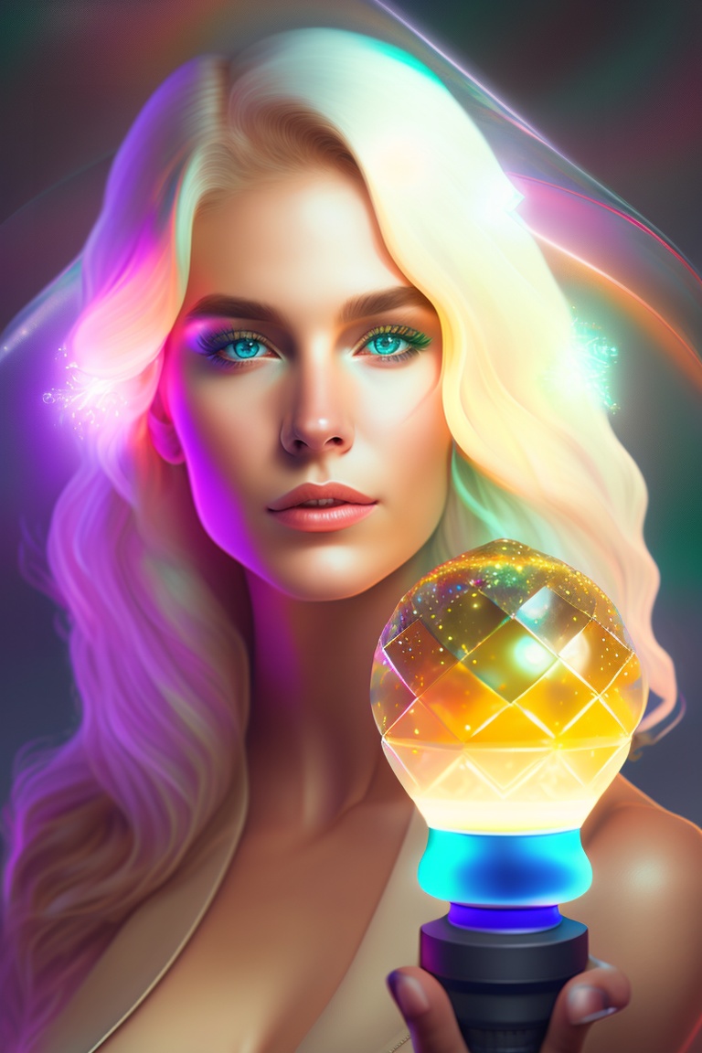 Lexica Woman holding a full crystals light bulb, glow psychedelic