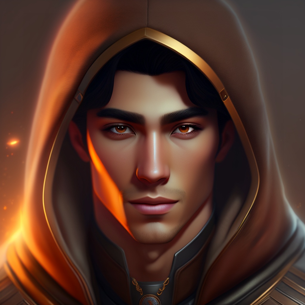 Lexica - Male character, tan skin, brown eyes, black hair, hooded,