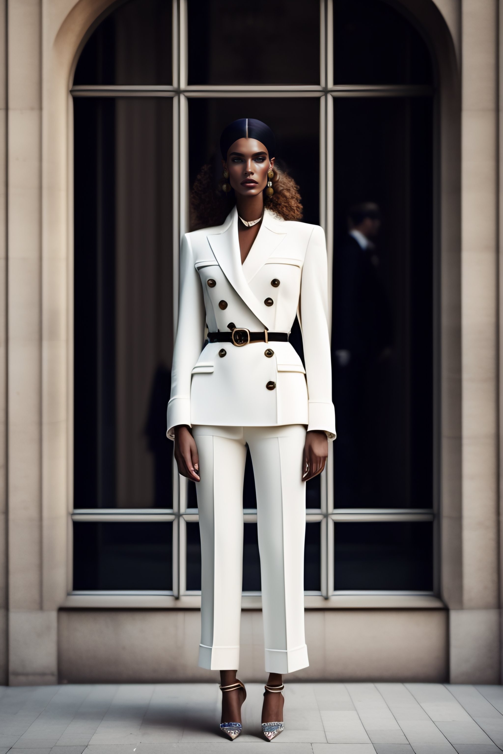 Lexica - An editorial fashion photograph in which a white female model  wears Chanel suit, standing next to a window, in Paris