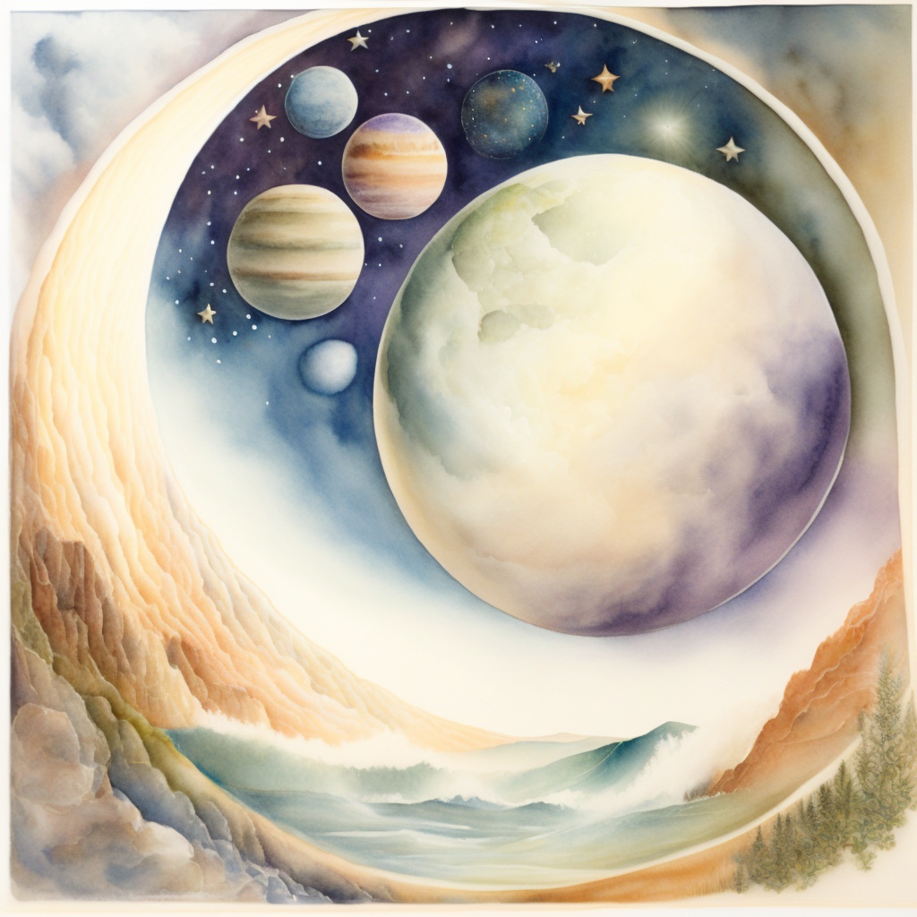 Lexica - Watercolour painting, old faded drawing showing the universe ...