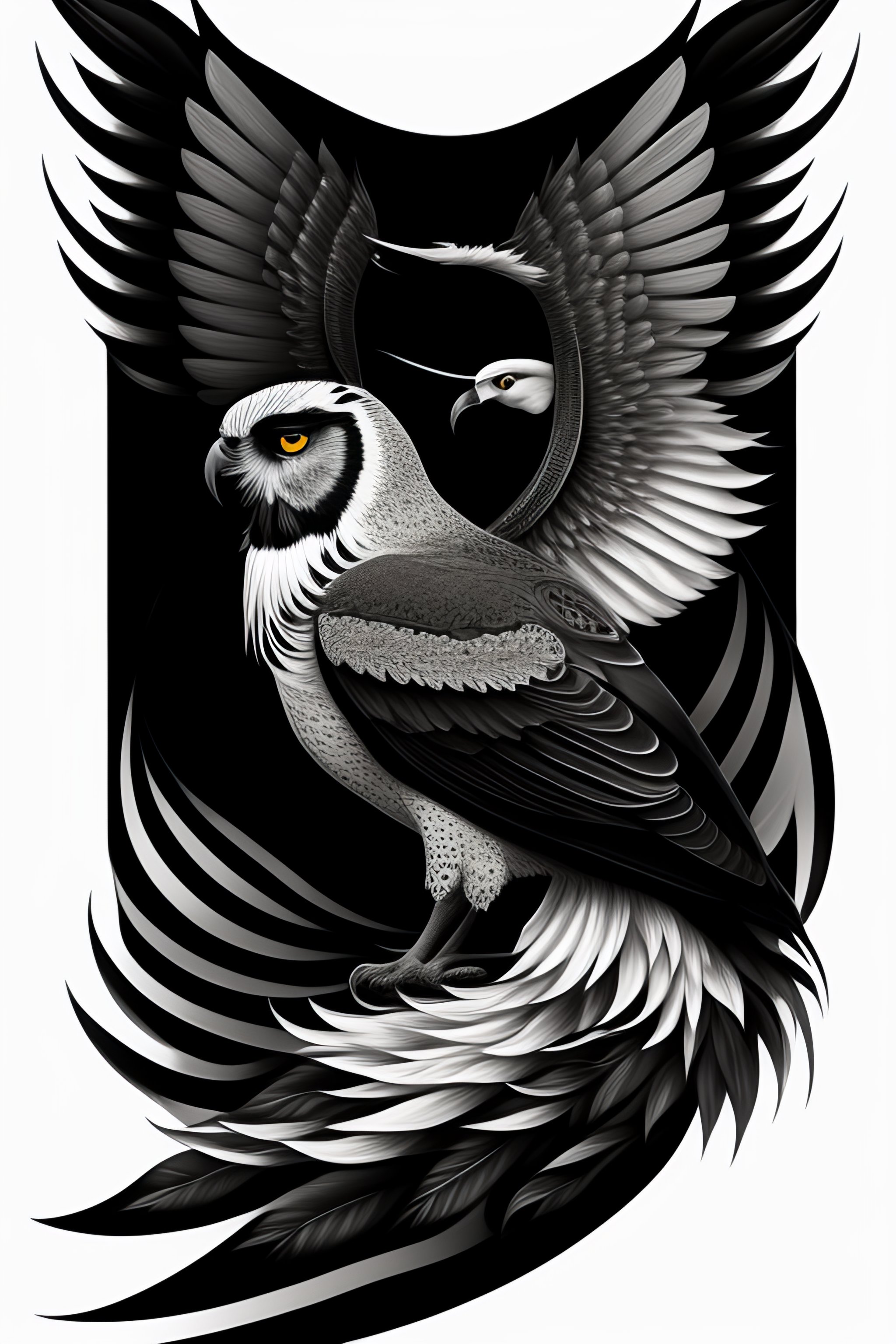 Lexica - Black and white style tattoo design of a wedge tail eagle and owl,  smoky design, surreal style