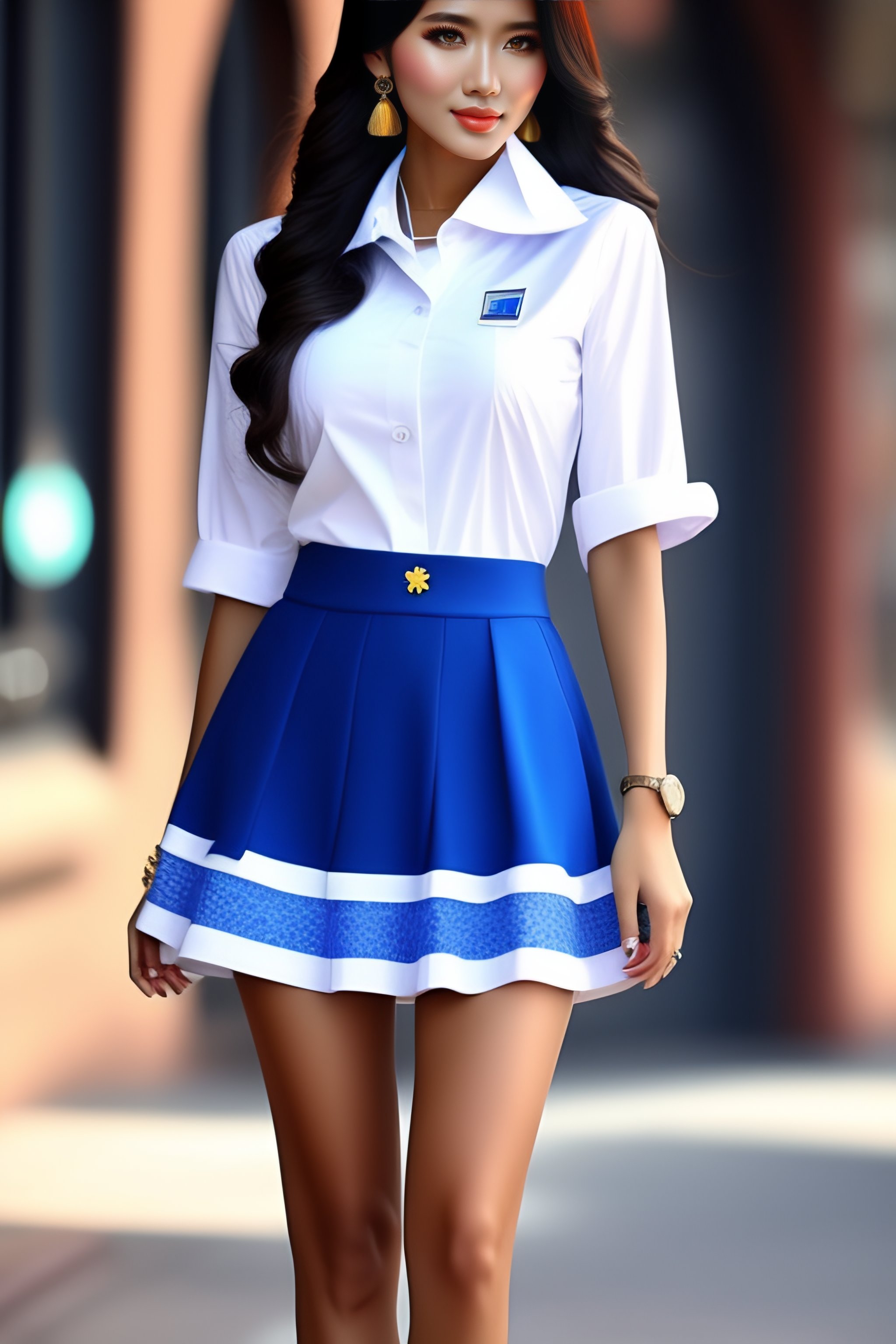 Blue skirt white store shirt