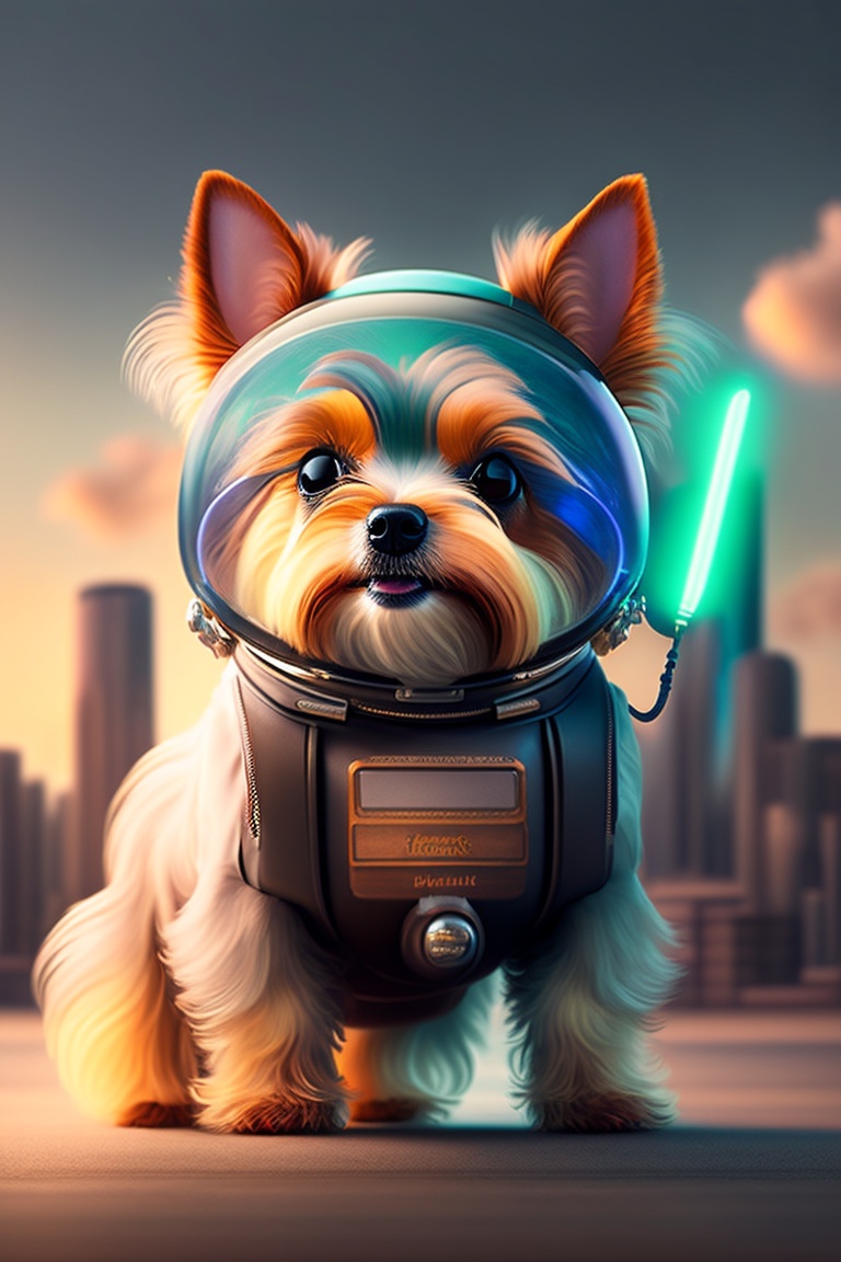 Lexica - Yorkshire terrier alien invading earth, background city destroied