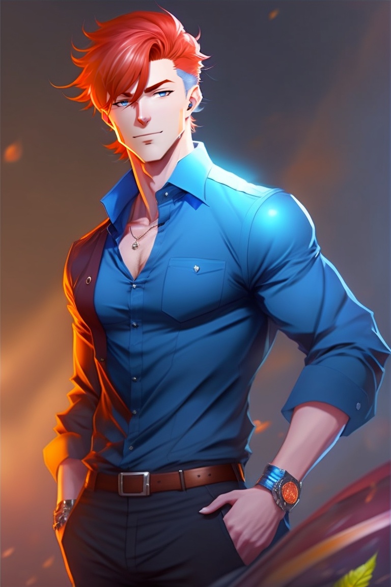 Lexica - Male, handsome, redhead, fully clothed, blue shirt, anime