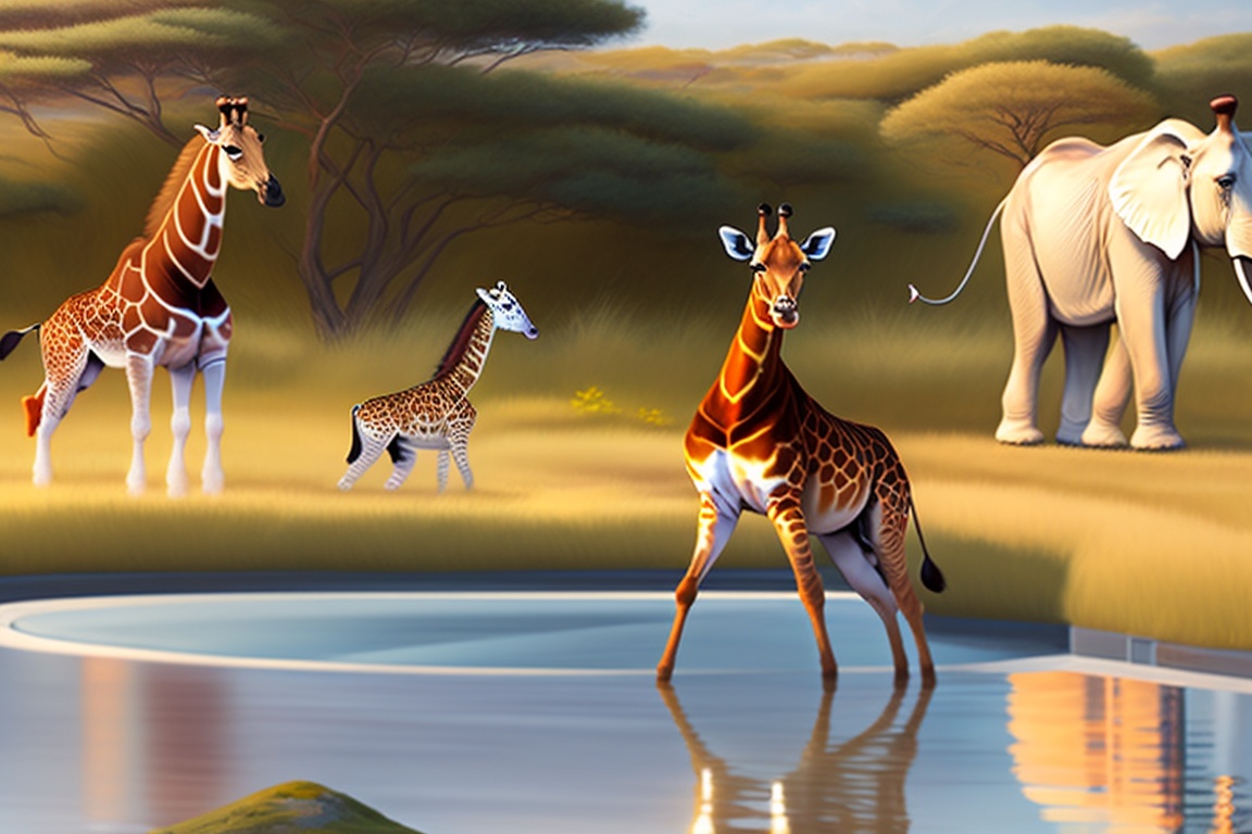 Lexica - The Giraffe approaches the Elephant, lion, Zebra and Monkey ...
