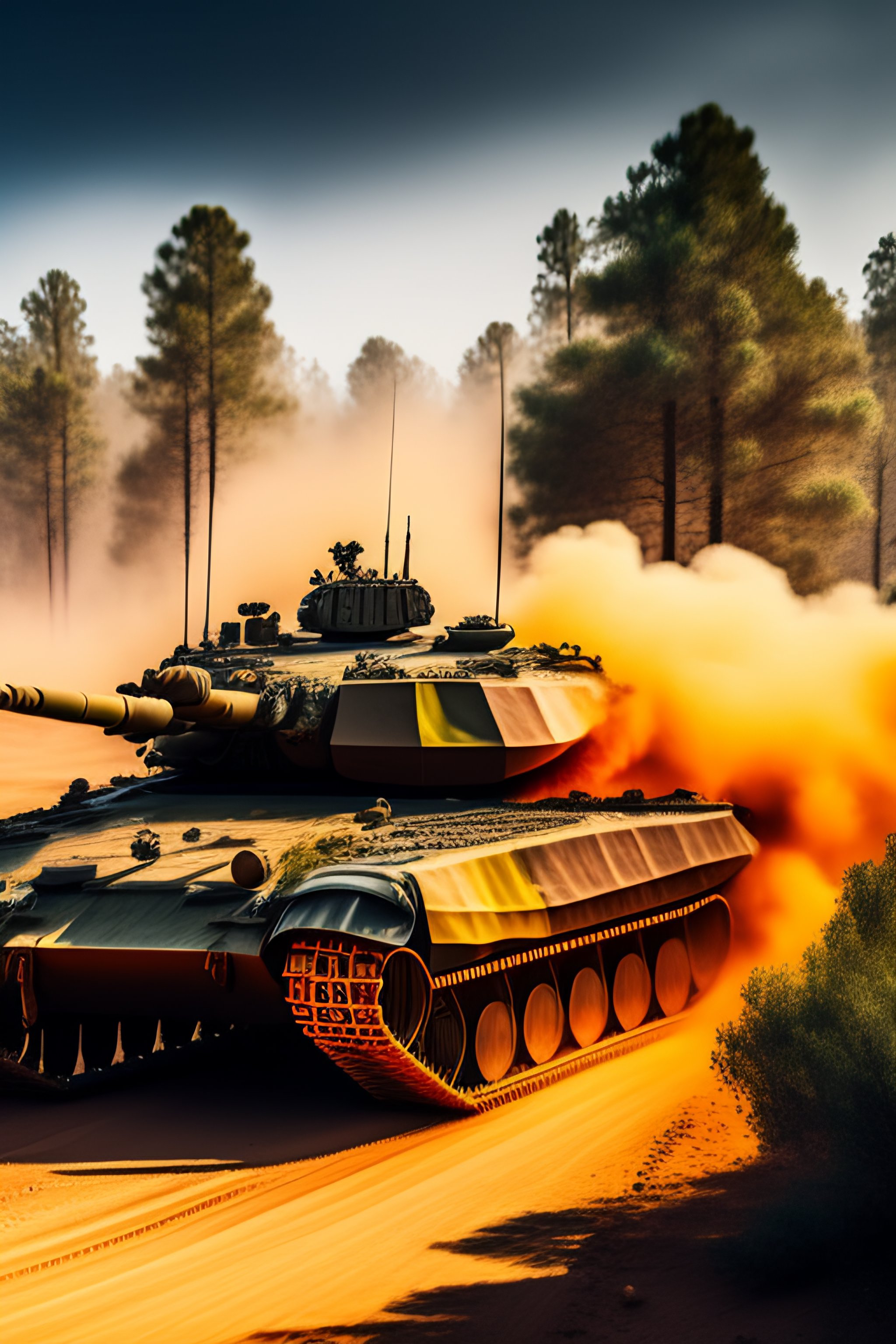 Lexica - On a battlefield, a tank rumbles forward, its soldiers visible ...
