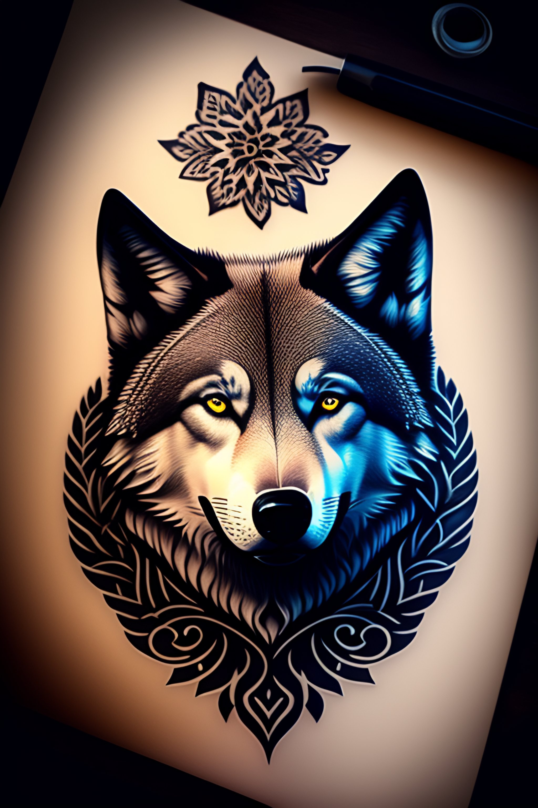 wolf face stencil tattoo