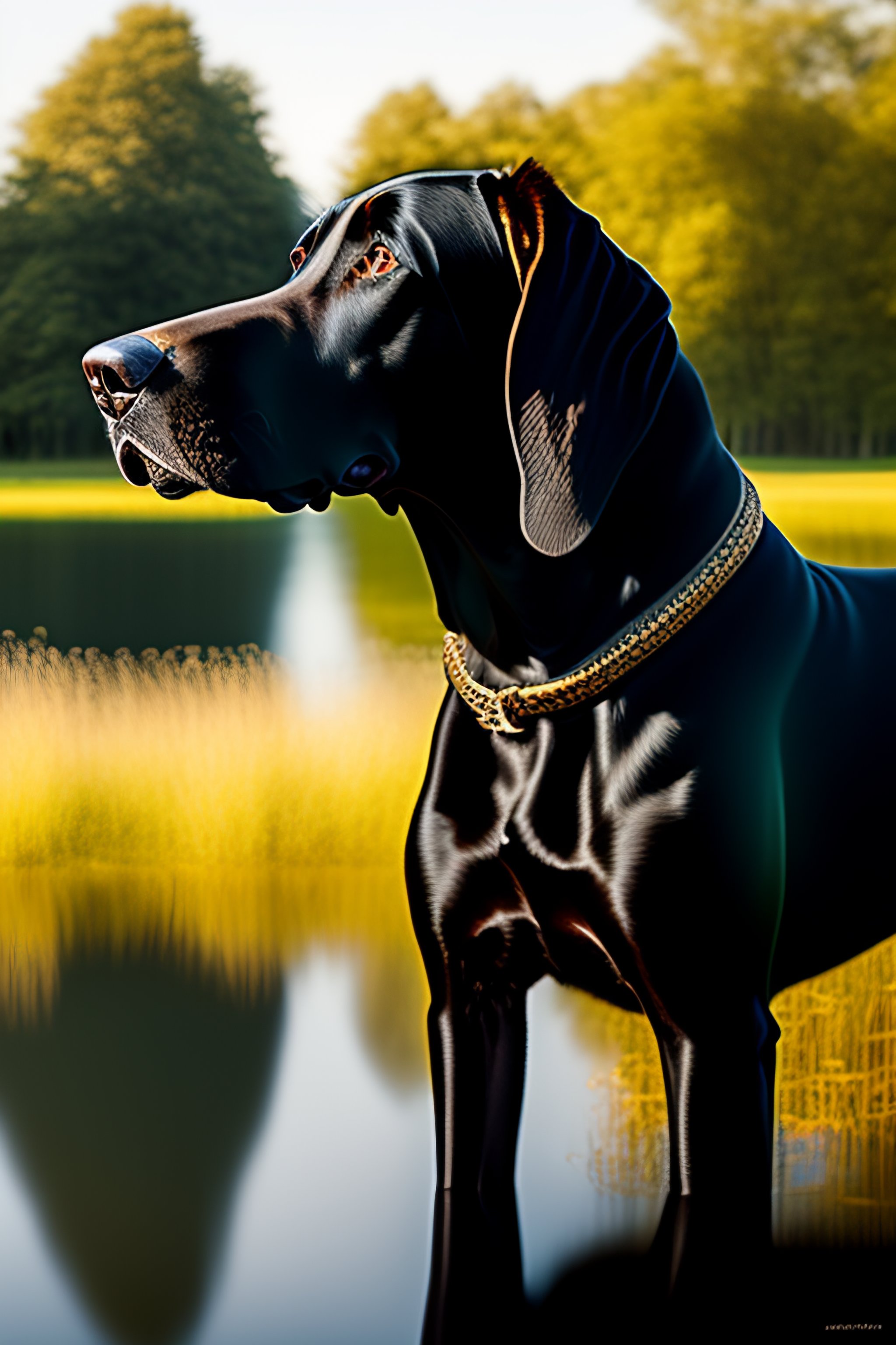 Lexica - Black labradane near a pond, in the style of Fernando botero