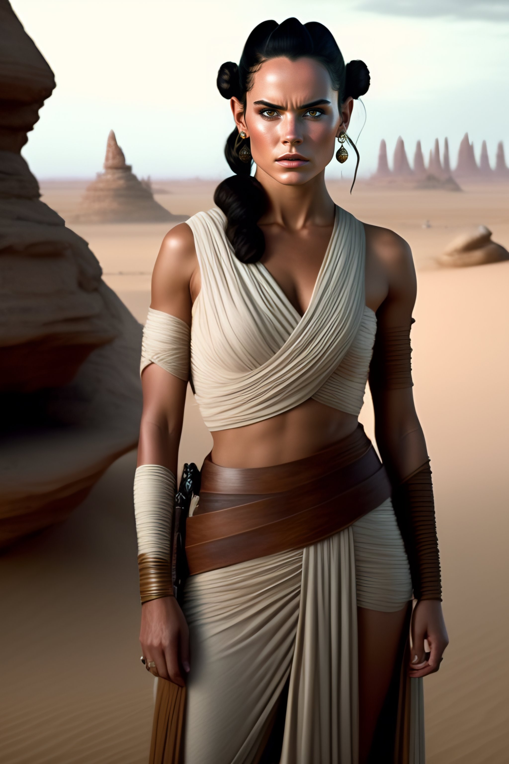 Lexica - Portrait of Star Wars Rey Skywalker in a form-fitting plunge-cut  tanktop, large-firm-chest, sweaty-glistening-skin