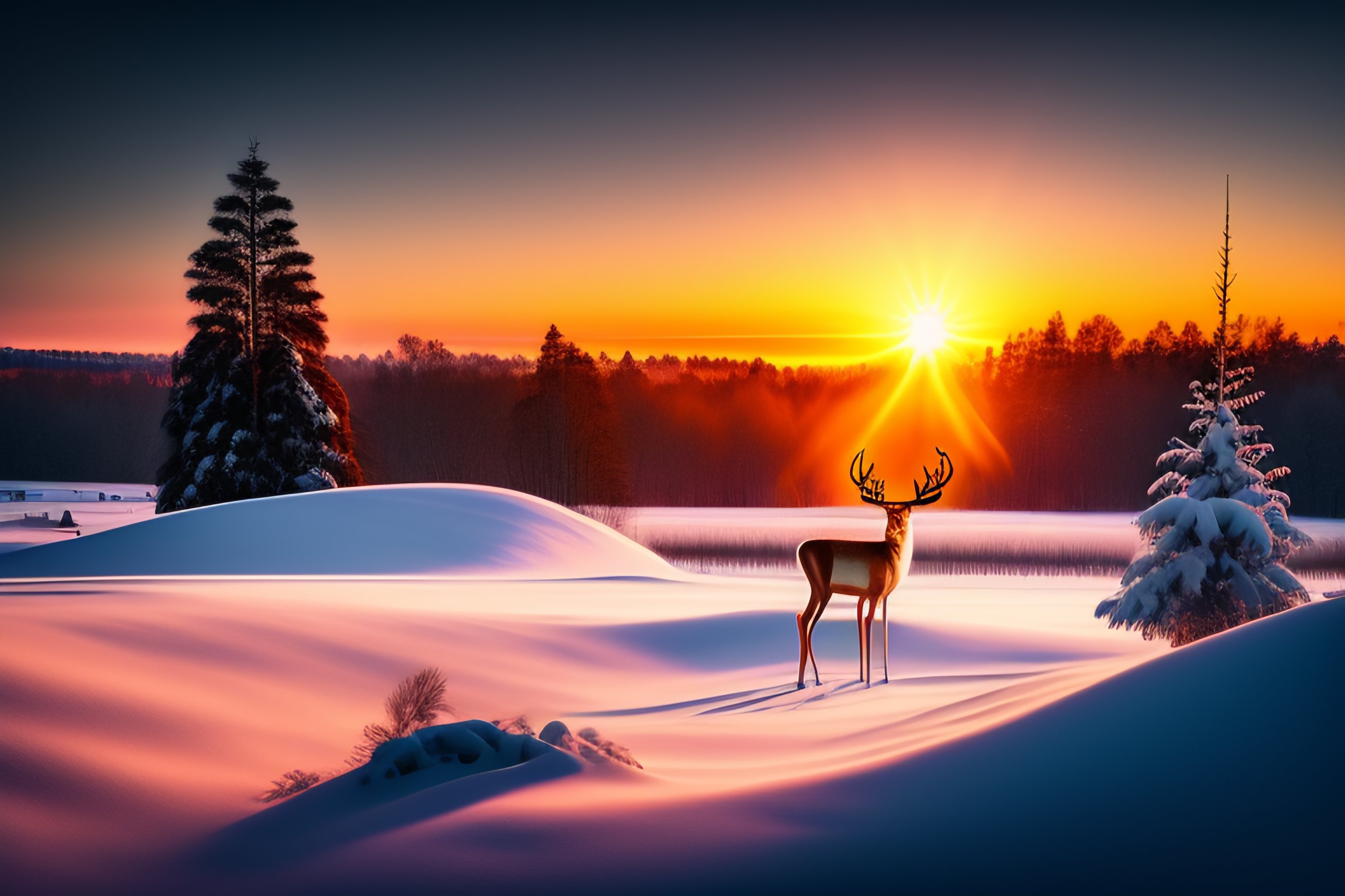 Lexica - Winter landscape at sunrise, with Christmas tree with majestic ...