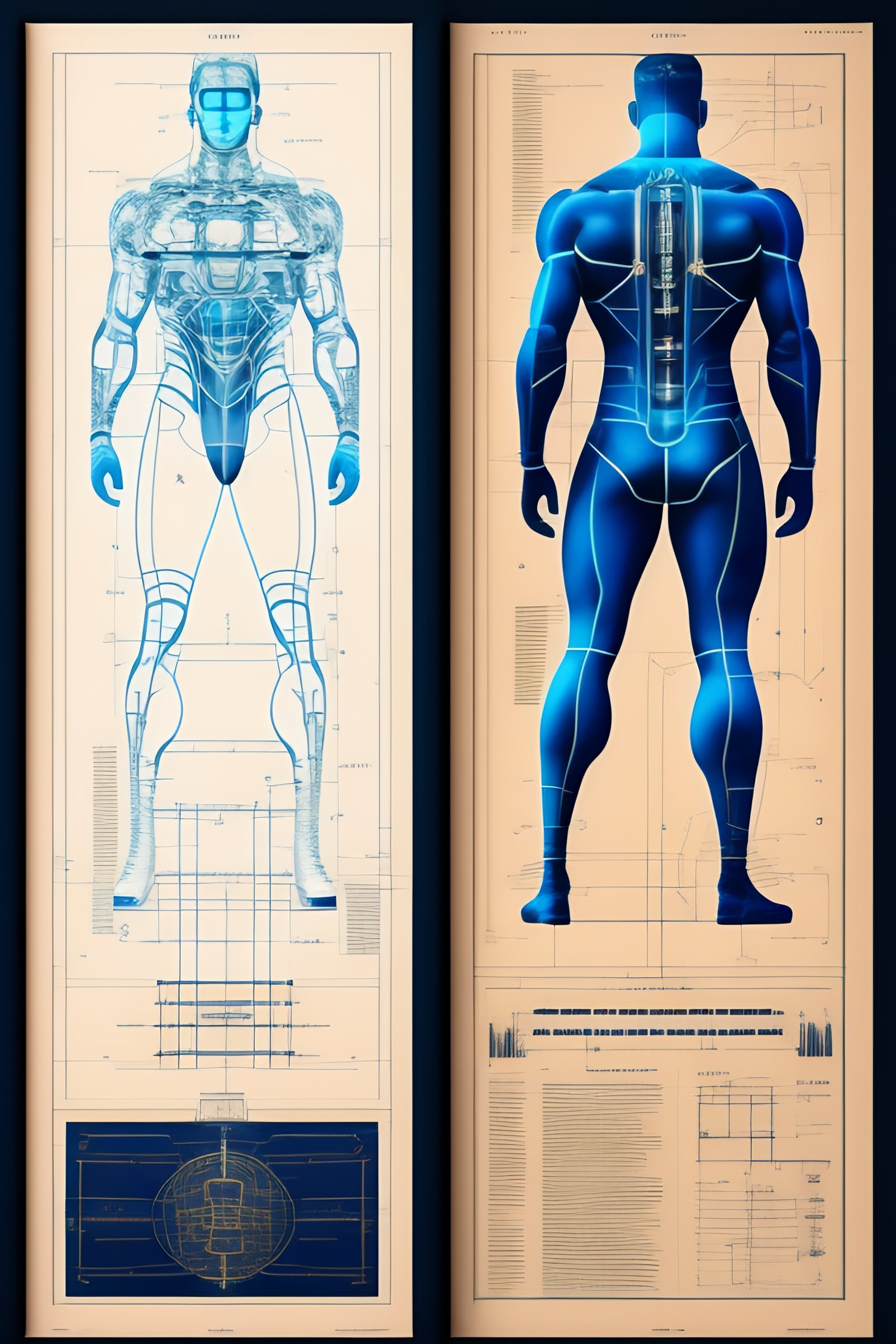 Lexica - Detailed schematics of a male cyborg, Venetian man, blueprints ...